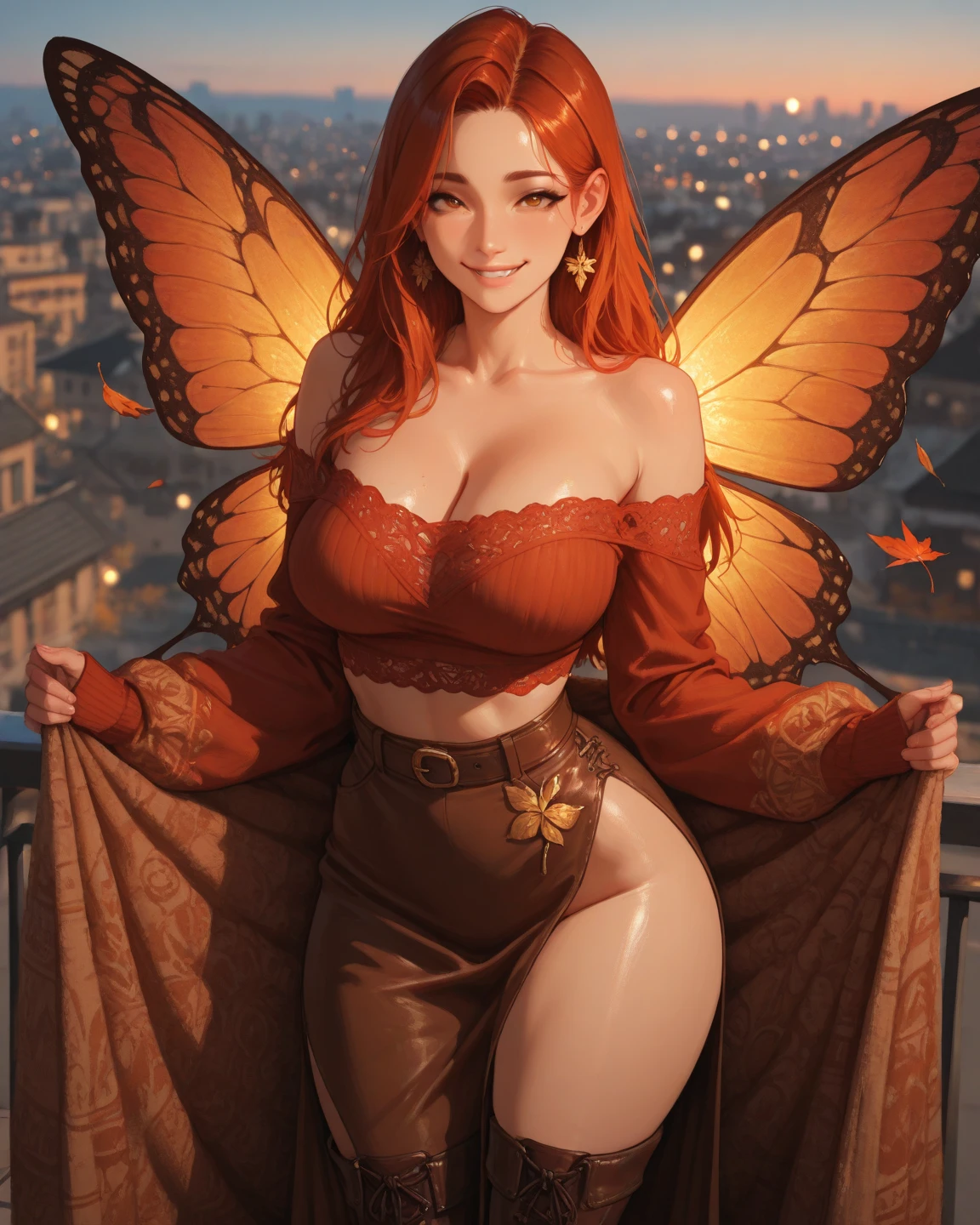 a sexy redheaded girl with a bob haircut, wearing a chinese dress with butterfly wings, posing in a sensual way with a smile, surrounded by butterflies flying around her, highly detailed, intricate, photorealistic, 8k, HDR, studio lighting, ultra-fine painting, sharp focus, physically-based rendering, extreme detail description, professional, vivid colors, bokeh