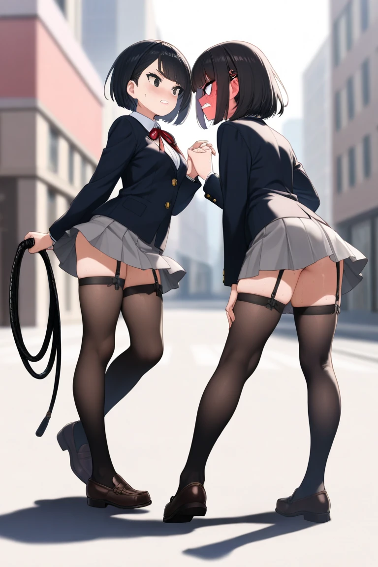 Two women wearing black and white sailor suits are walking side by side through the city., by 2 person, skirt, panties, underwear, (shiny dark blue satin panties:1.3)、(shiny pink satin panties:1.3)、横紐レースpanties that cover the butt, embarrassed expression, Thighhighs,garter belt, 風でskirtがめくれている, think back, realistic,angle from behind, Two-dimensional beautiful girl