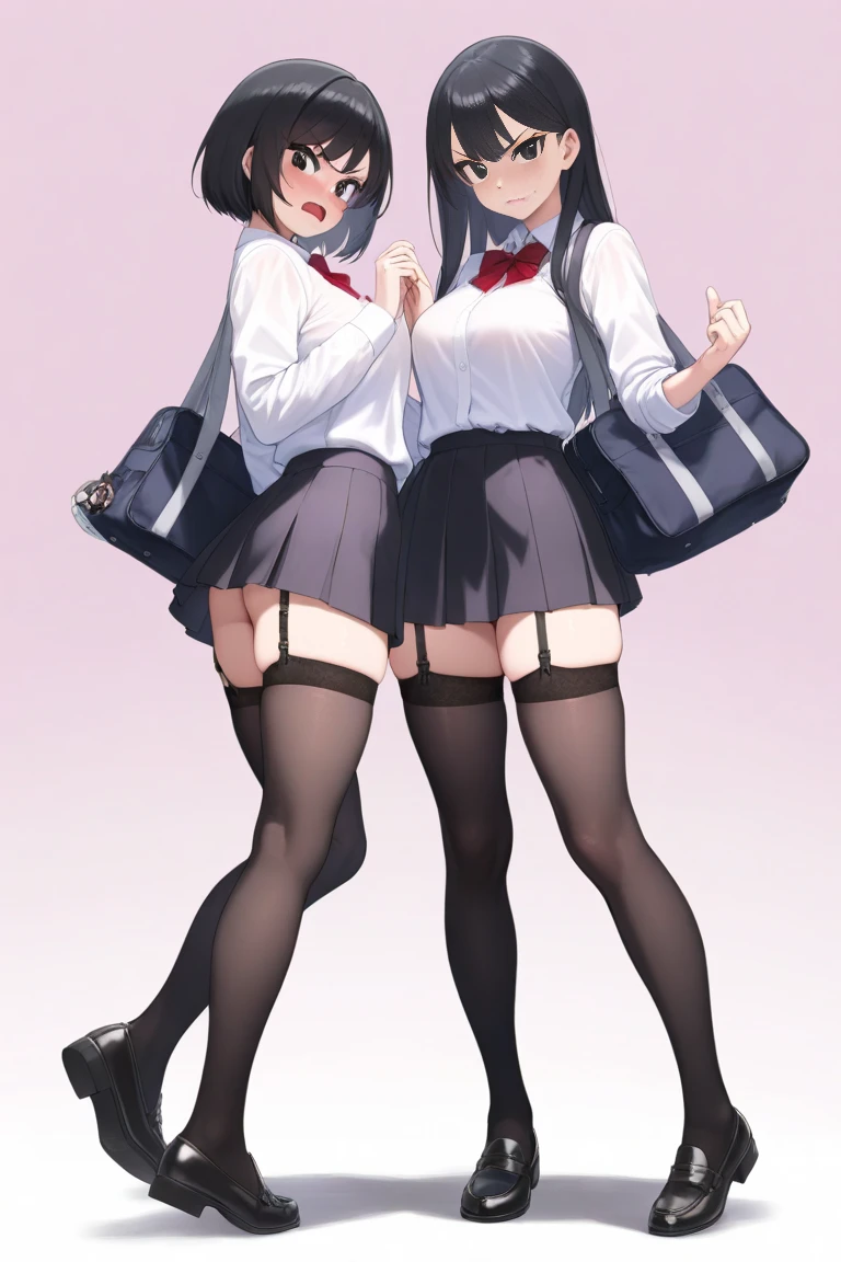 2girls,adult,lineup,side by side,black hair,light eyes,(leg,up:1.3),cowboy shot,masterpiece,best quality,very aesthetic,absurdres ,(Lace panties:1.2),(standing),leg split,