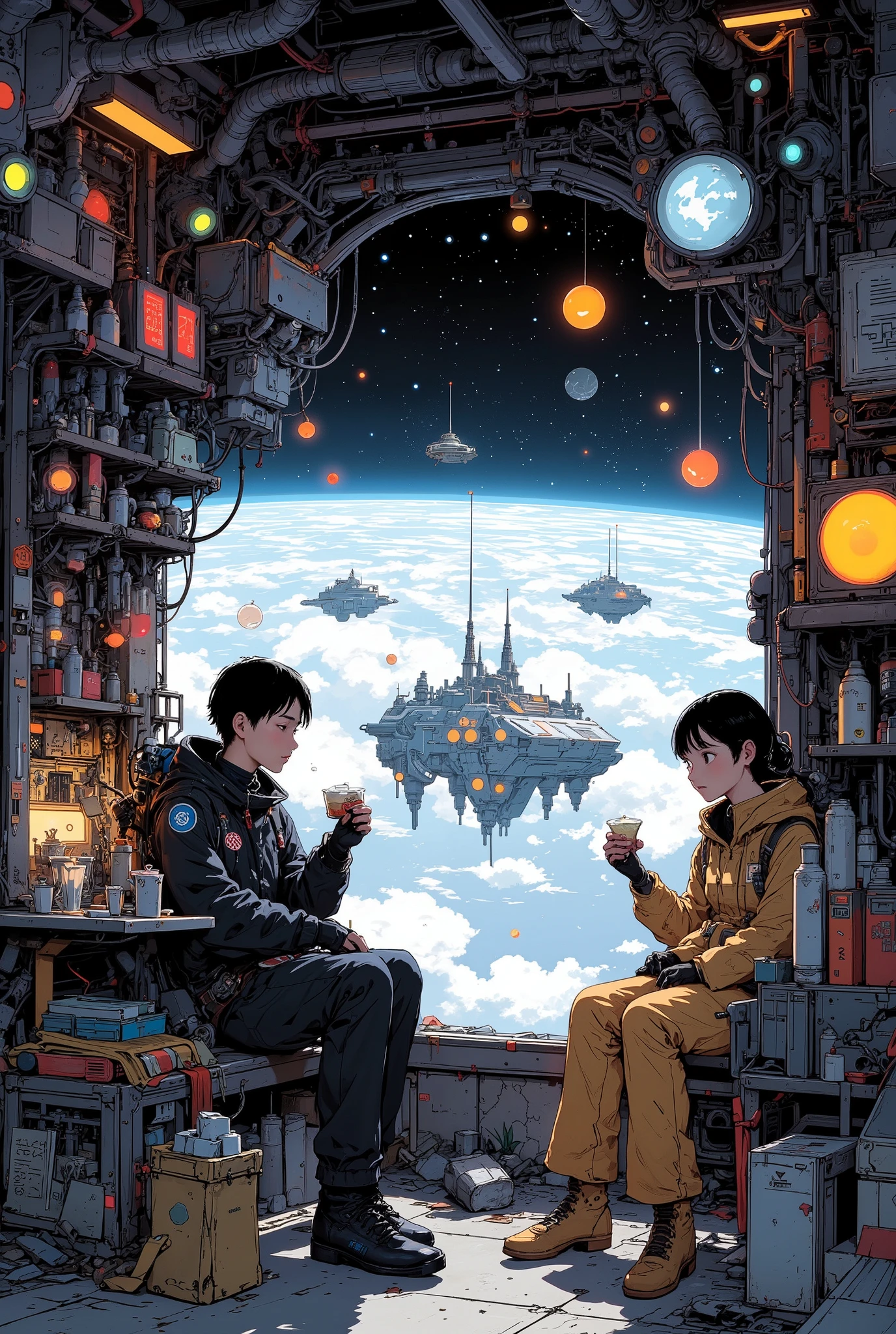 anime-style illustration of a cozy supply pod shop in orbit, floating above Earth, a young couple of space engineers in matching jumpsuits are sharing snacks during break, sitting close together on crates, surrounded by stacked futuristic tools, glowing fuel canisters, and floating maintenance drones, warm lighting from inside the shop contrasts with the cold space outside, gentle expressions, romantic mood, high detail, cinematic composition, retro-futuristic decor