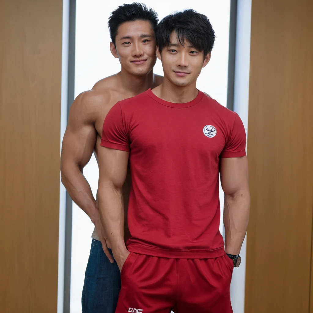 40 years old,Hidetoshi Nakata ,(Mouri Kogoro 1.3),Two skinny men together,????? upper body,hairy,?????? contour,Wearing red sexy briefs,with a mustache,masterpiece,HD,black stockings,whole body