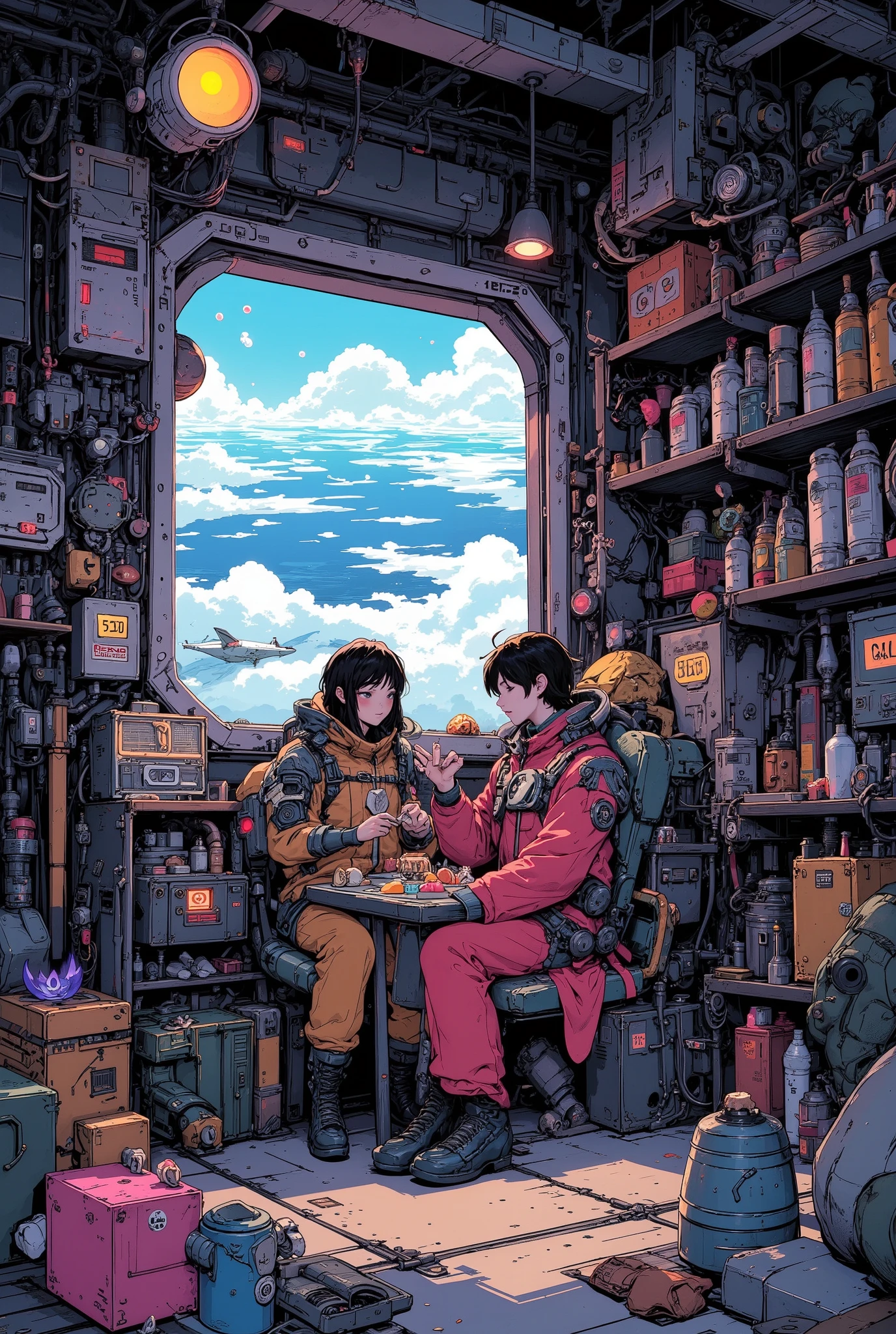 anime-style illustration of a cozy supply pod shop in orbit, floating above Earth, a young couple of space engineers in matching jumpsuits are sharing snacks during break, sitting close together on crates, surrounded by stacked futuristic tools, glowing fuel canisters, and floating maintenance drones, warm lighting from inside the shop contrasts with the cold space outside, gentle expressions, romantic mood, high detail, cinematic composition, retro-futuristic decor