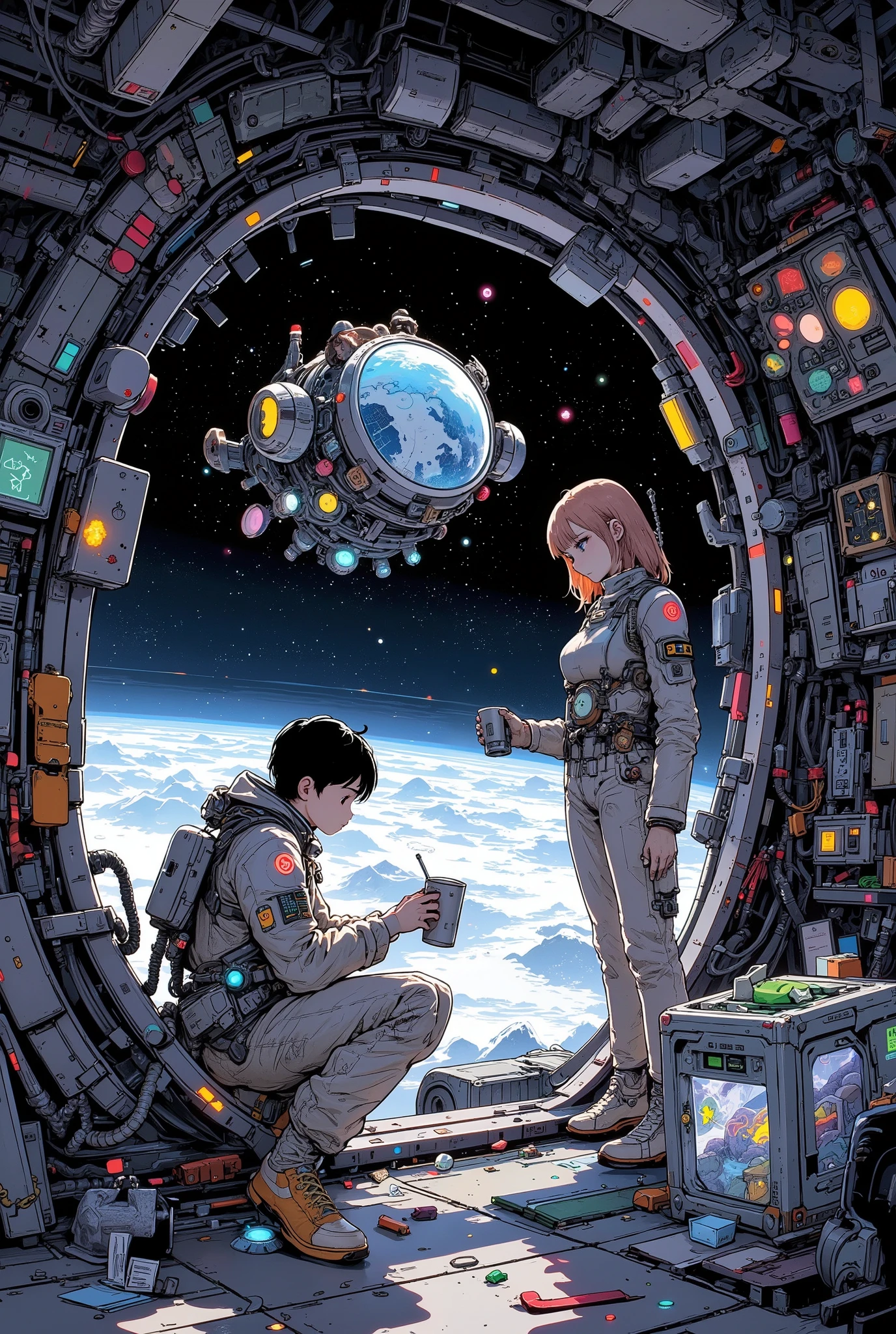 anime-style illustration of a cozy supply pod shop in orbit, floating above Earth, a young couple of space engineers in matching jumpsuits are sharing snacks during break, sitting close together on crates, surrounded by stacked futuristic tools, glowing fuel canisters, and floating maintenance drones, warm lighting from inside the shop contrasts with the cold space outside, gentle expressions, romantic mood, high detail, cinematic composition, retro-futuristic decor