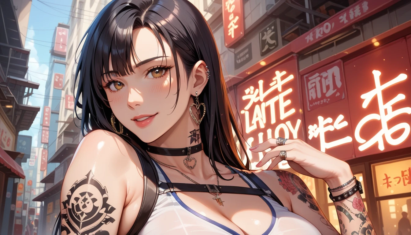 extreemely detailed, neon lights,
cyberpunk sexy samurai with tattoos,
sexy, cyberpunk city, night,
chromatic aberration, colorful lighting conditions, oily skin, dynamic angle, cleavage, sexy, high definition photo, ultra detailed skin, ultra detailed face, small skin imperfections, 1girl, Blunt haircut, saggy breasts, fat body, dark eyes, Gray hair