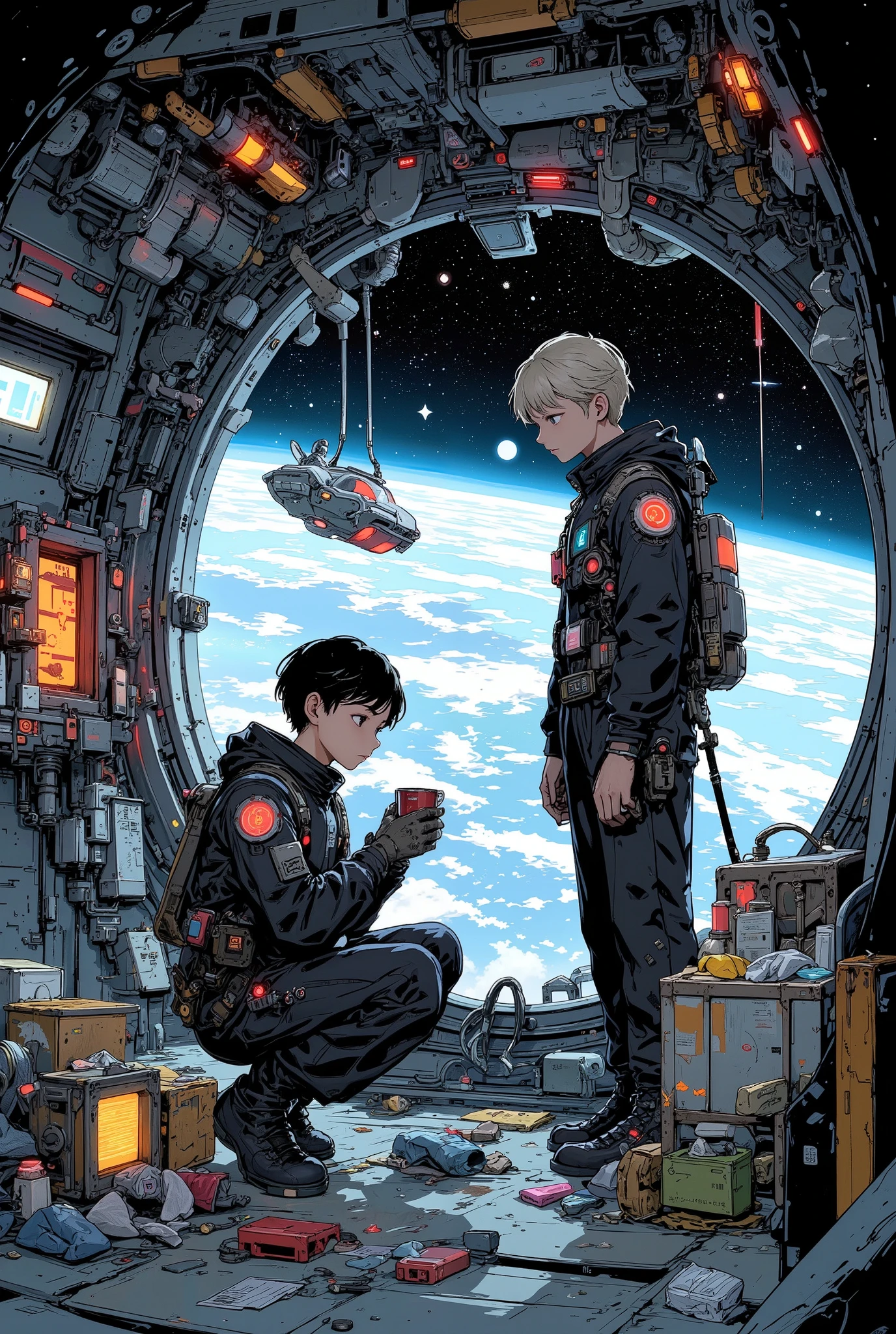 anime-style illustration of a cozy supply pod shop in orbit, floating above Earth, a young couple of space engineers in matching jumpsuits are sharing snacks during break, sitting close together on crates, surrounded by stacked futuristic tools, glowing fuel canisters, and floating maintenance drones, warm lighting from inside the shop contrasts with the cold space outside, gentle expressions, romantic mood, high detail, cinematic composition, retro-futuristic decor