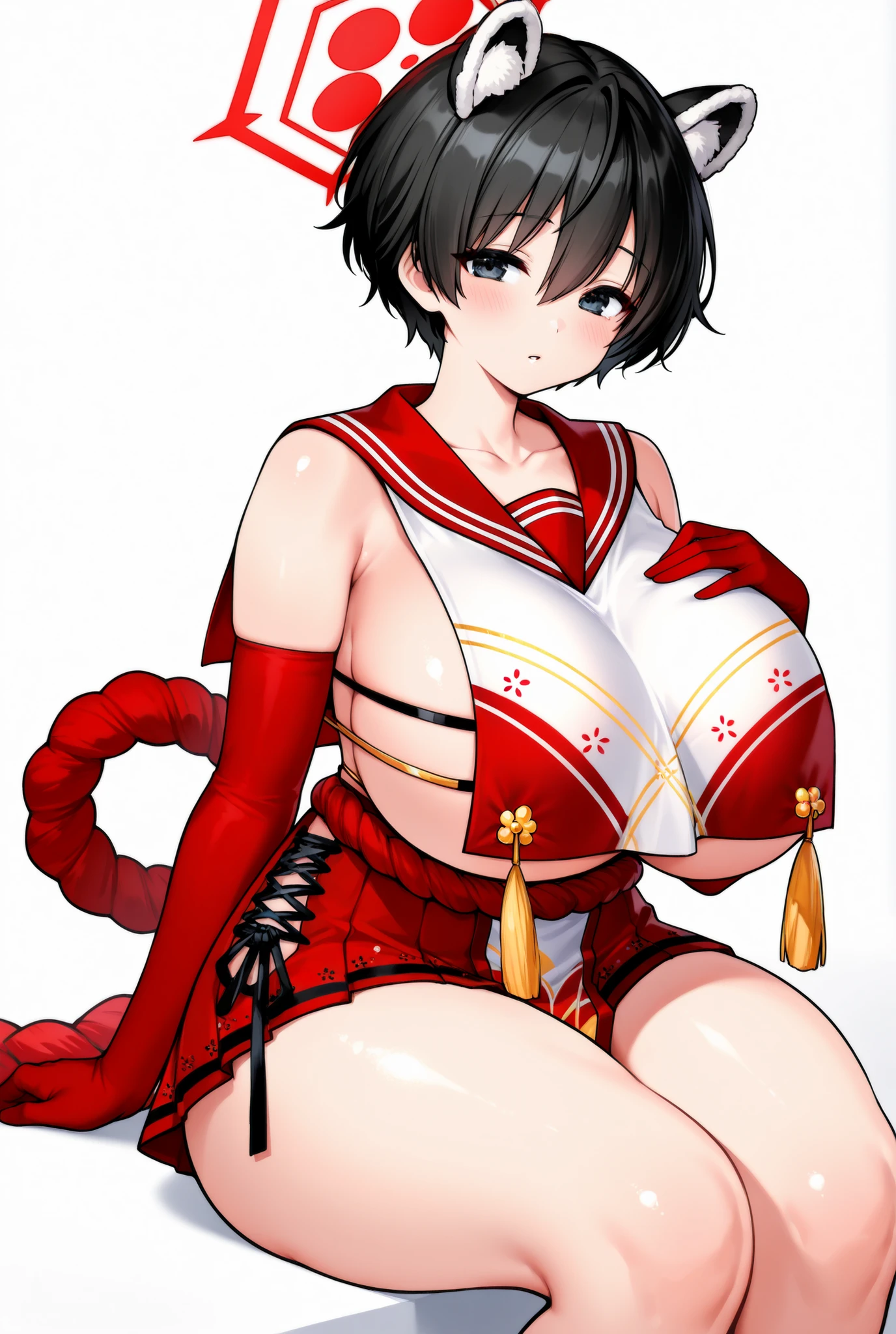tsubaki \(blue archive\),1girl, solo, looking at viewer, blush, open mouth, skirt, large breasts, simple background, gloves, bare shoulders, sitting, thighs, pleated skirt, parted lips, elbow gloves, armpits, sailor collar, clothes lift, arm up, sideboob, no panties, underboob, red skirt, halo, skirt lift, lifted by self, tassel, revealing clothes, rope, pelvic curtain, red gloves, tabard, red sailor collar, sideless outfit, breast curtain
<lora:Tsubaki_image75_v1:1>,halo,. gorgeous,key visual, vibrant, studio anime,award-winning, professional, highly detailed,high budget, cinemascope