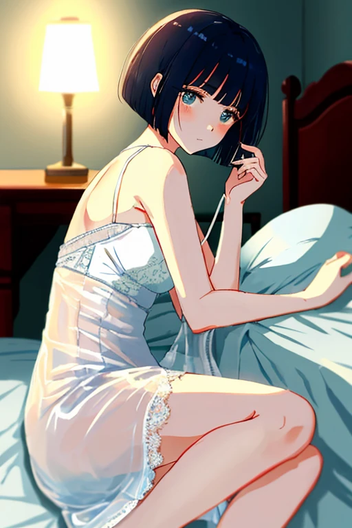 aqua camisole,hotpink striped panties,spread legs,panty shot,boobs,butt,tall of a person,thin,beautiful face,thick eyebrows,open mouth,embarrassed,seductive smile,naughty expression,flushed cheeks,medium hair,wave hair,gold hair,blue eyes,from front,indoor,on the bed,illustration style,anime style,masterpiece, extremely fine and beautiful,illustration