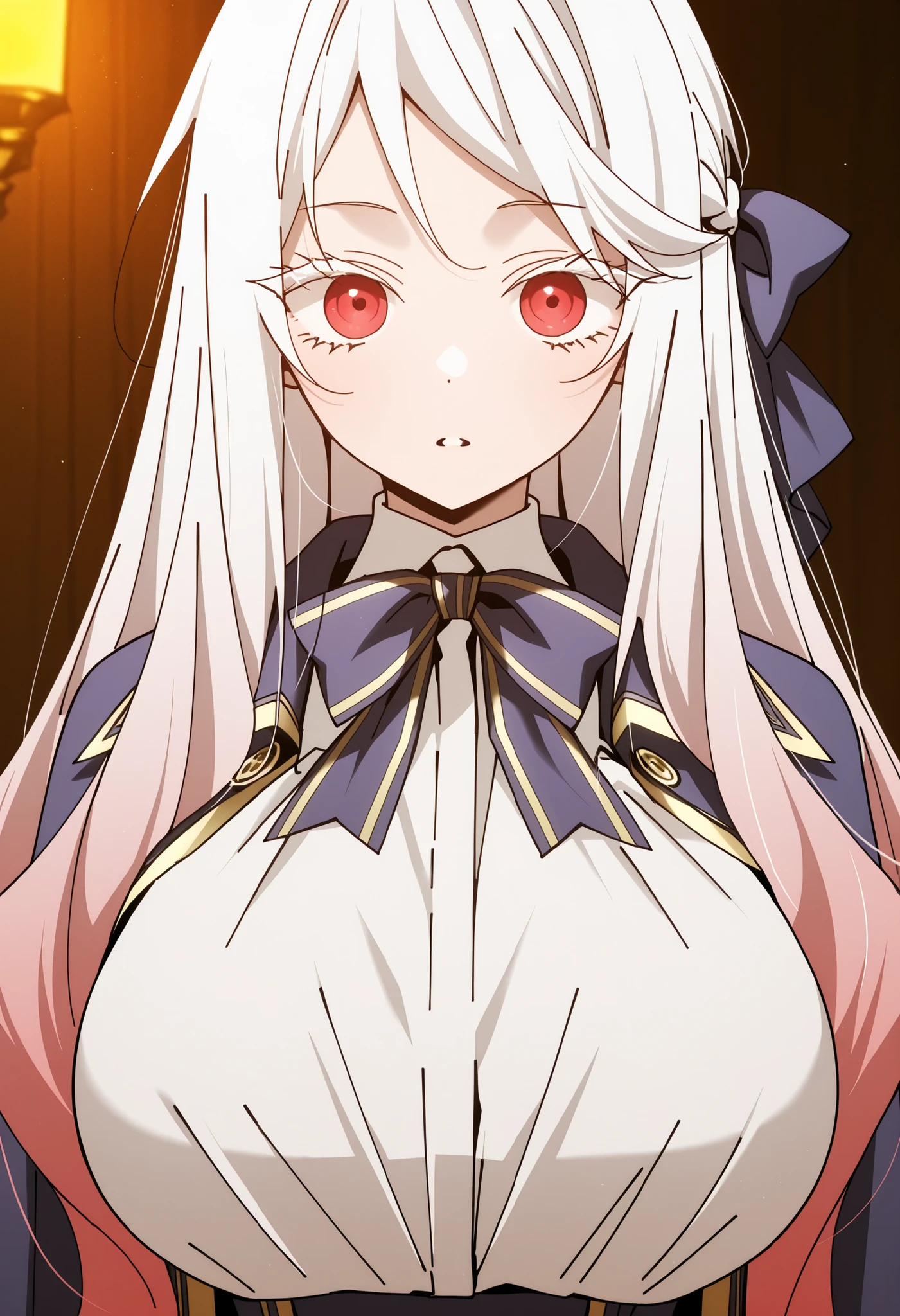 masterpiece, best quality, cinematic lighting, amazing quality, very aesthetic, absurdres, best quality, 4k, upscale, anime coloring, source_anime, anime screencap,

1girl, solo, looking at viewer, straight-on, upperbody, breast focus, fantasy school, skindentation, detailed clothing folds, depth of field, sharp, soft lighting, frontal lighting, 

school uniform, neck ribbon, braid, hair bow, white shirt, blue cape, blue skirt

hongbiyeon, red eyes, gradient hair, white hair, long hair, white eyelashes, huge breasts