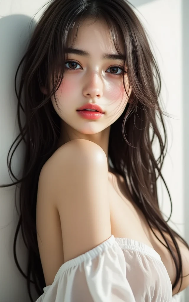 (((Very huge  bigger than a face)))、Pink underwear、Raise your arms、Spread your legs、Lie、Sleep on your back、((High resolution)), Superior Quality, Very detailed, Realistic, ((8k)), RAW Photos, Highest quality, masterpiece, attractive, wonderful, Brown Hair, Shoulder-length layers, Mesh Hair, Japanese Idols, Sophisticated, stylish, 
