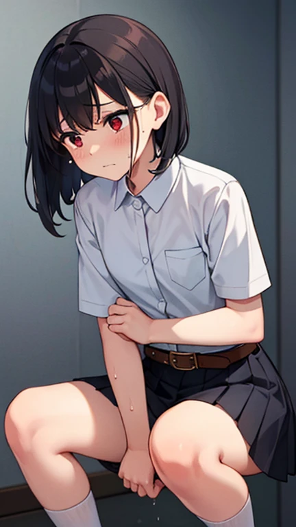 Yukimi, 10., Blunt bangs, Upper body naked,,Shortcuts,,Flat Chest, Expressionless, shy, whole body, Highest quality, School classroom、Angle from below、Kneel、(White panties:1.4)、(Masturbation:1.4)、Embarrassing、Small nipples