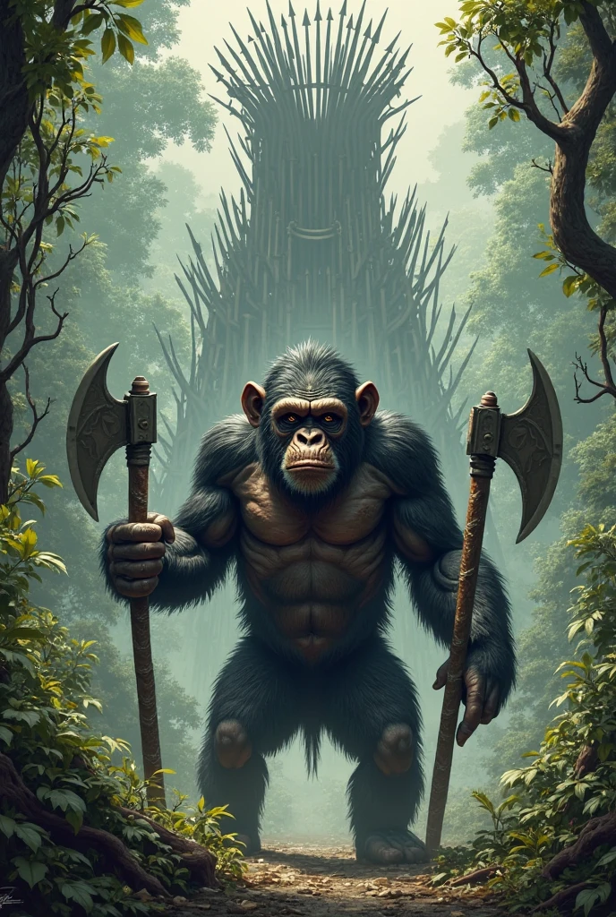 Anthill with king kong on top beating in chest, with abstract shape in layers of grasses and stones