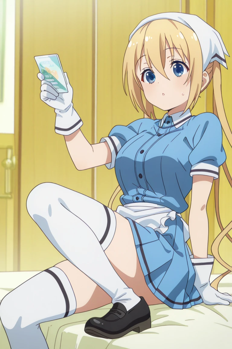 masterpiece, best quality, highres, kaho hinata, maid, maid headdress, waist apron, (blue shirt, blue skirt:1.2), short sleeves, white gloves, looking at viewer, crossed arms, pout, blush, cafe,(showing panties:1.3), (ass up), indoors
