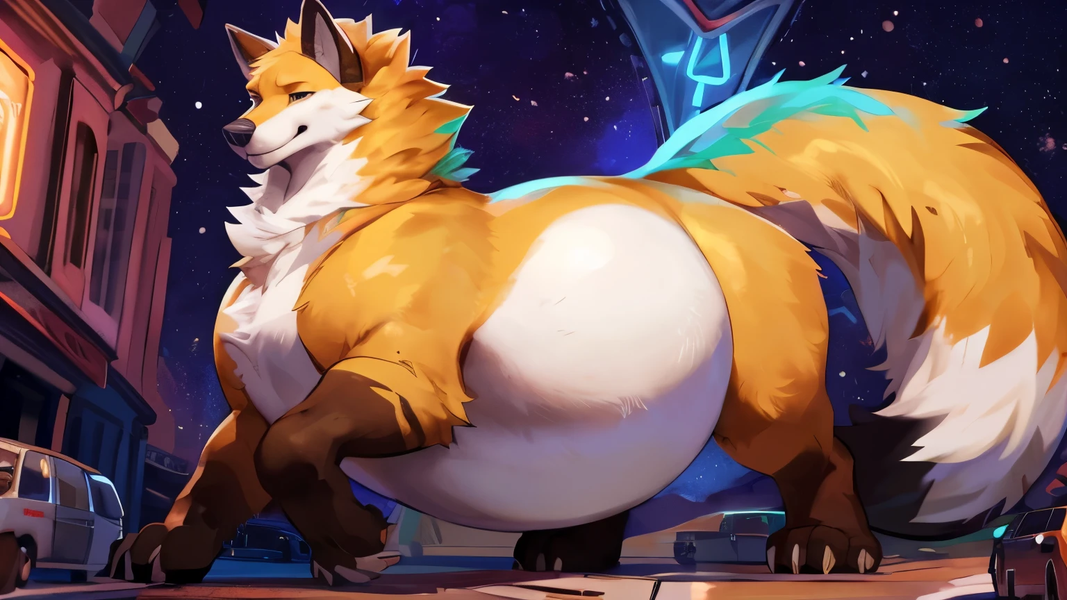 4k ultra quality, 4k full body view,(ultra high detailed body),((feral)) fox,by mystikfox61, by glitter trap boy,feral paws, by bebebebebe,by morethreedee, by seibear,(thick thigh),(chubby thigh),thicc thigh,thick legs,chubby legs,thicc legs,massive butt,enomorous thigh,massive thigh,massive legs,thick lower legs,wide legs,(detailed thigh),(wide thigh),fluffy belly sharp nails,((sfw)),(ultra detailed face),detailed eyes,big tail,fluffy tail,(detailed tail),enomorous tail,bigger tail,huge tail,volumetric light,big paws,(thick paws),fluffy paws,furry paws,enomorous paws,(feral focus), beast,(bigger lower body),(long legs),master works, super fine, 4k resolution, high quality,high picture detail,dark fantasy,illusory engine, Masterpiece,front view,dire fox,faint lighting,macro (feral) body,enomorous belly,chubby (feral) body,shiny fur,in space