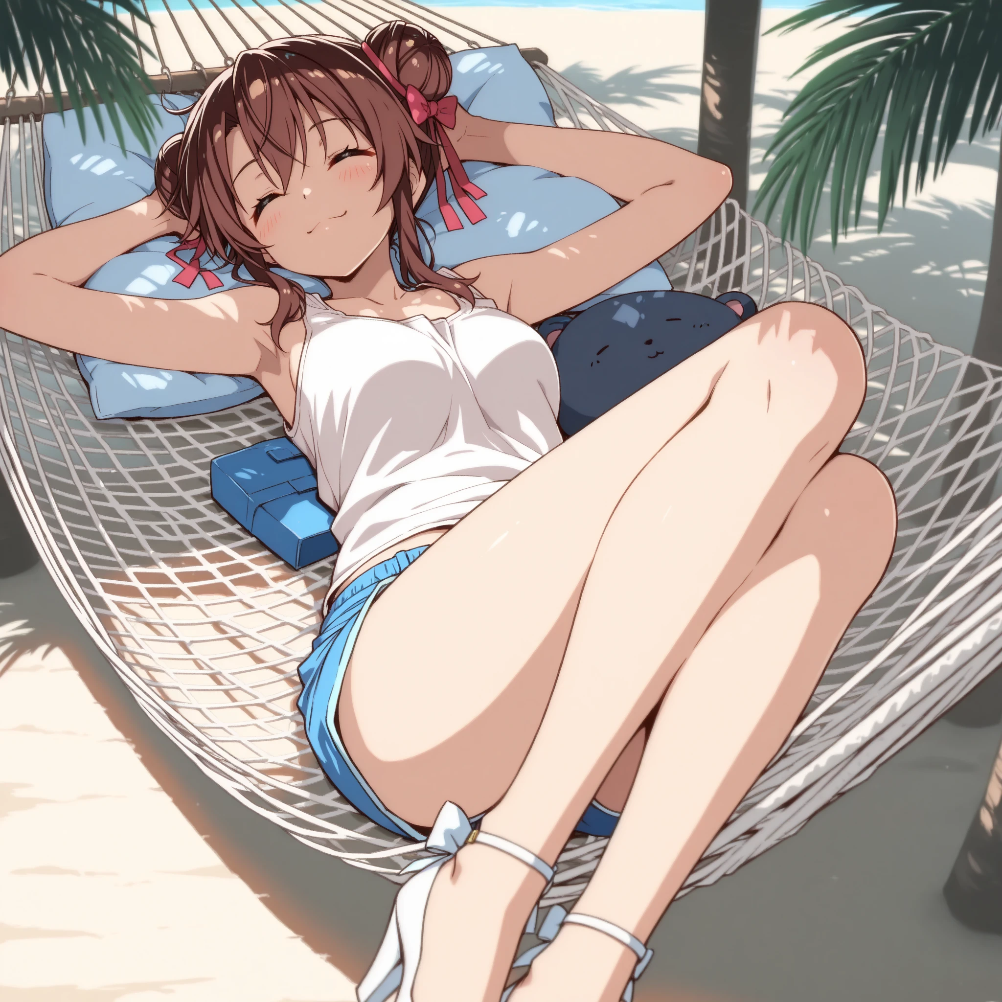 Best quality at best,one-girl,rabbitears,White bed,Brown hair,Blue headphones hang around your neck,Drenched,soaking wet,embarressed,A white bikini,spread their legs