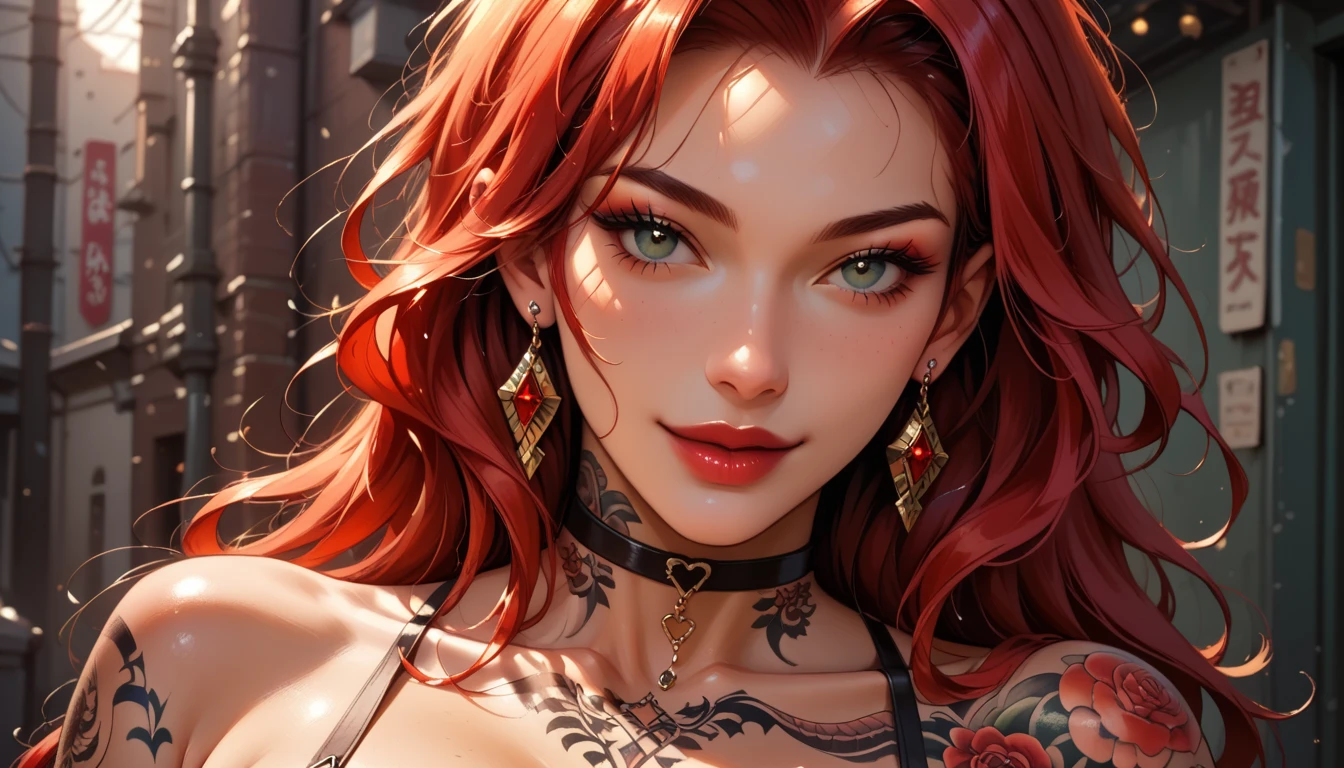 ((best quality)), ((masterpiece)), (detailed), perfect face, girl, long curly hair, half red hair, half black hair, face piercings, tattoos, stripper