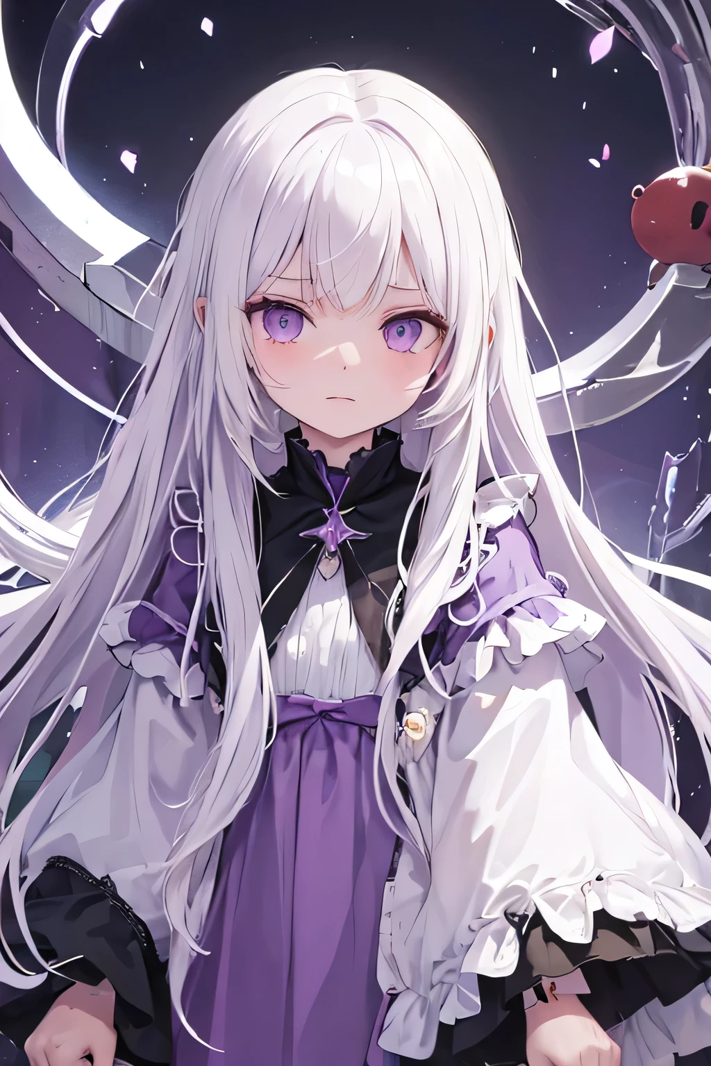 a young girl with white long hair, purple eyes and purple dress, she have a cold and angry expression. WHITE HAIR, SHE IS ALBINIC