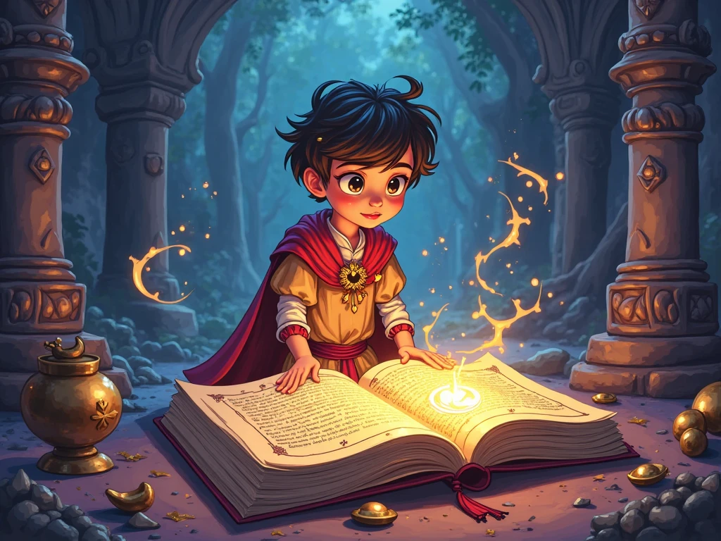 Pic of A young boy with a joyful expression, deeply engrossed in a large, ornate book. He wears a richly detailed, teal and purple robe with golden trim, suggesting he's a young sorcerer. Surrounding him are his imaginary scenarios like, He is getting a magic potion, he is diving in an ocean, he is fighting with dragon. hinting at the magical world bursting forth from the book. The scene is bathed in warm, inviting light, emanating from candles and magical sources alike, creating an atmosphere of wonder and enchantment.