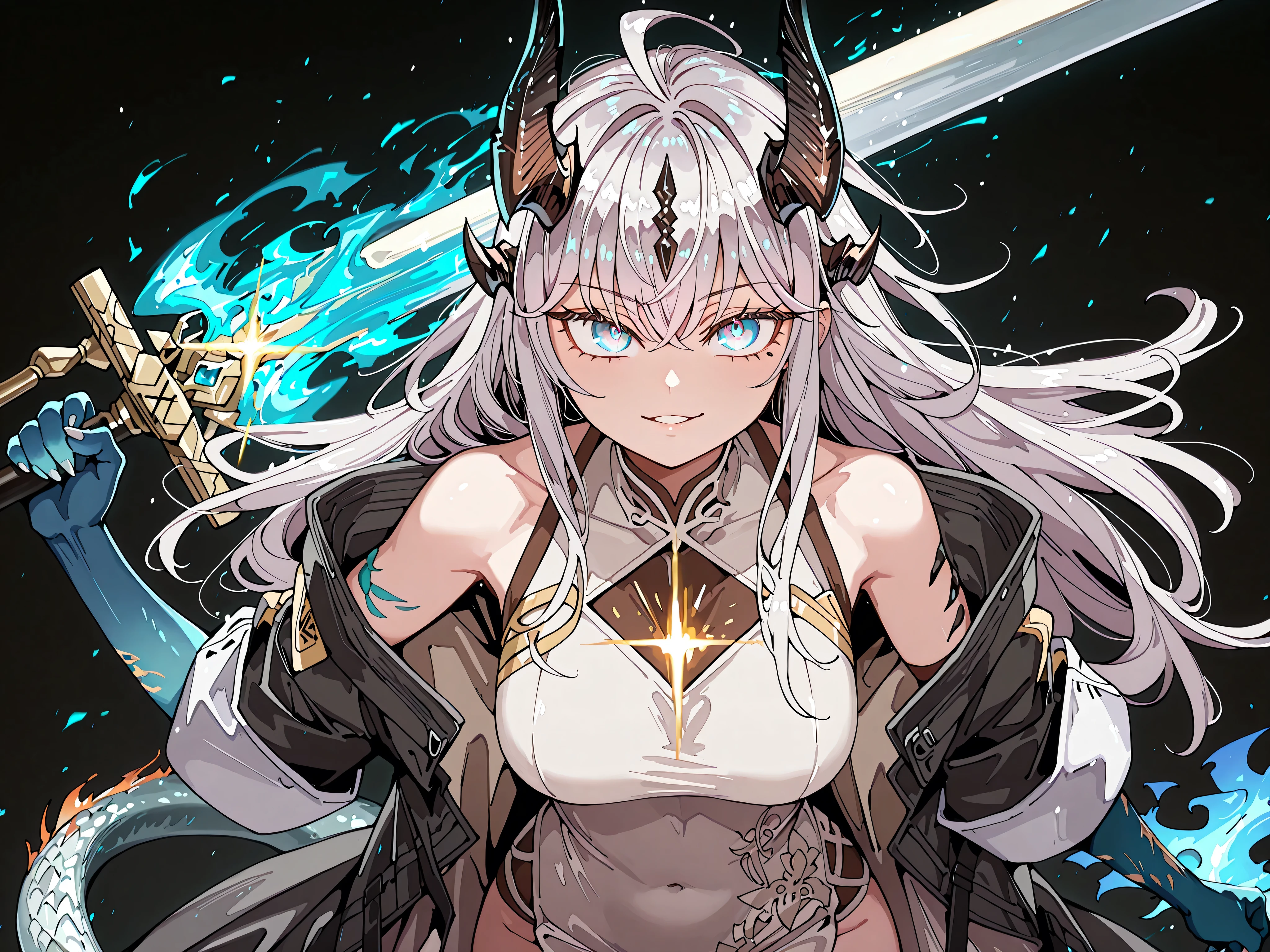 only, 1 garota, facing the viewer, cabelo branco, penteado de Alisa "alia" Mikhailovna Kujou of "alia Sometimes Hides Her Feelings in Russian", rosto de Alisa "alia" Mikhailovna Kujou of "alia Sometimes Hides Her Feelings in Russian", olhos azuis, franja longa, anatomia perfeita, estudante, black horns of Reed de "arknights", Long black horns, fierce face, rosto provocativo, white dragon tail, blue flame on the tip of the tail, jovem girl, corpo perfeito, jovem, sensual, perfect and beautiful face;
A black coat like "twilight" de "arknights", sexy white Chinese dress, exposed arms, blue arms with black spots, hands with claws, blue hands with black spots;
facing the viewer, cara a cara, fundo preto, pose sensual, bunda grande, seios grandes;
Wielding a giant sword of Nian de arknights, golden details on the sword, giant sword drawing, Blue blade;
attack position, exposed shoulders and head, perto do rosto , looking at the character, looking at the viewer, cara a cara, sorriso provocante, confiante, cute expression;
Pay attention to the necessary colors, , maximum resolution;
uma imagem +18, uma imagem sexy;