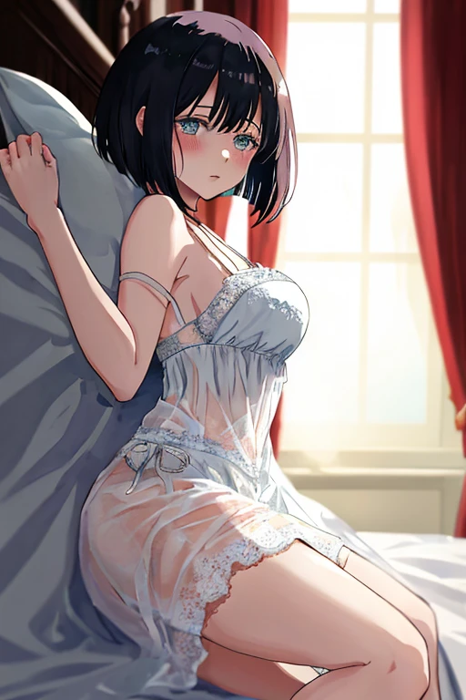 (masutepiece)(high-detail)Male and female couples in their 20s、1 male, 1 female、Light clothing for both men and women、femele向けロマンス、Glossy atmosphere、Glossy look、Happily、Beautiful fece、Devour each other with desire、interview、perspiring、male peopleがfemeleの胸や体を触る、femeleがmale peopleにキスをする、Flirting、femele(Brown hair semi-long、slightly larger udder、negligee、closing eye)、Sweet sigh、male people(black hair shorthair、Half-taken shirt、legs showing、強くclosing eye)、Background with(a room、a bed、Turn off the light、closed curtains)、deep in the night、The dim