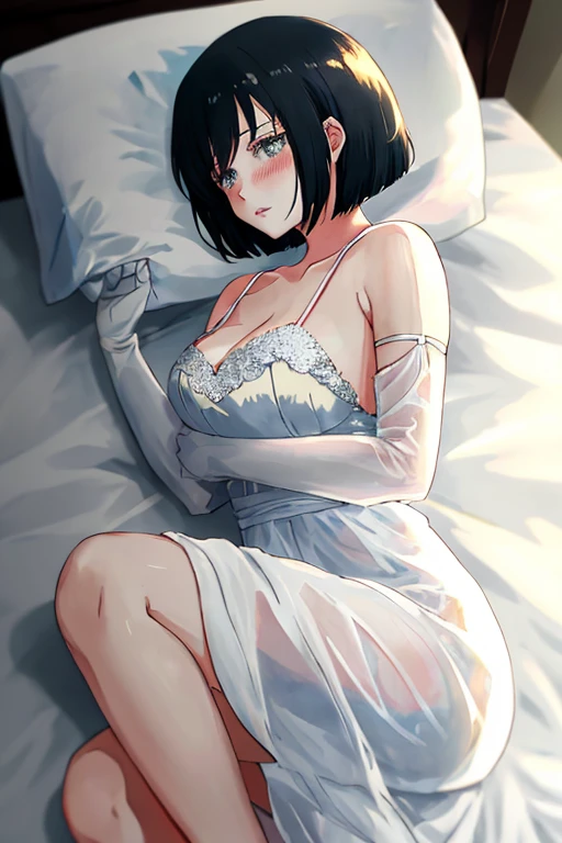 Caucasian female, short hair with bangs, her hair is black, Your eyes are blue, is wearing a short white dress, with cleavage on the breast, the dress is half transparent , lying on the bed face down 