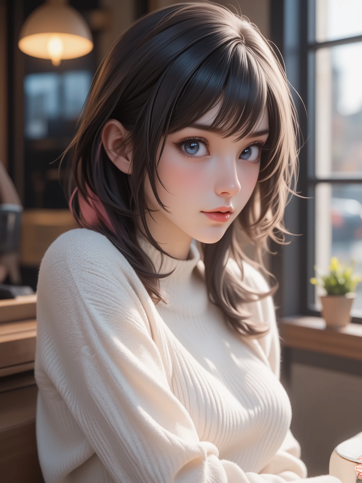 super realism, black pink hair color tone, loose short hair, super high resolution, realistic skin, 8k, master piece, sublime, fractal, intricate, high quality CG, Beautiful CG, Soft Light, fashion brand image, Fashionable and casual, The Tyndall effect, lifelike, studio, Side lighting, (HD Skin:1.2), 8K超高清, high quality, Volumetric lighting, confess, photography, 超High resolution, Bokeh, Shallow depth of field, white sweater, cleavage, blue eyes, sitting at coffee shop, looking at outside