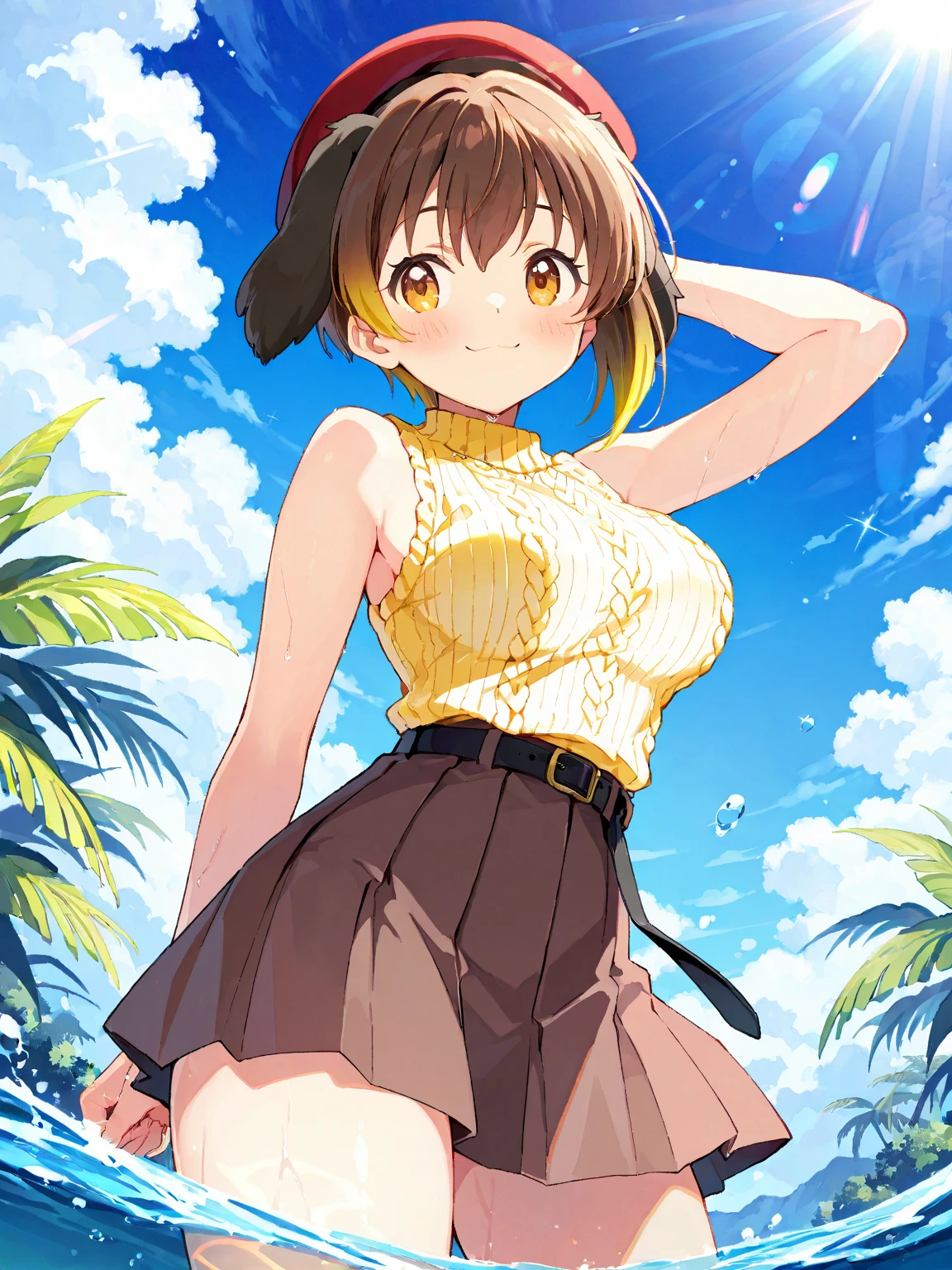 NSFW, , Pulling up a dress,bare chest,nipple,round genitals,revealing clothes,Uma Musume,Nishino flower,marl,short hair,red headband,beautiful purple eyes,purple and yellow dress,ribbon,,,Curvaceous,flower garden,smile with open mouth,blush,embarrassed face,best image quality,table top,)),(masterpiece),figure,brown hair,long hair,purple eyes,flowing bangs,long bangs,long hair,small breasts,hair covers right eye, smile,looking at the viewer,((highly detailed eyes)), (((bikini))), masterpiece, highest quality, (abnormal body, small breasts, horse tail,smile, pool, whole body, frontage,hot pants denim,(nipple)