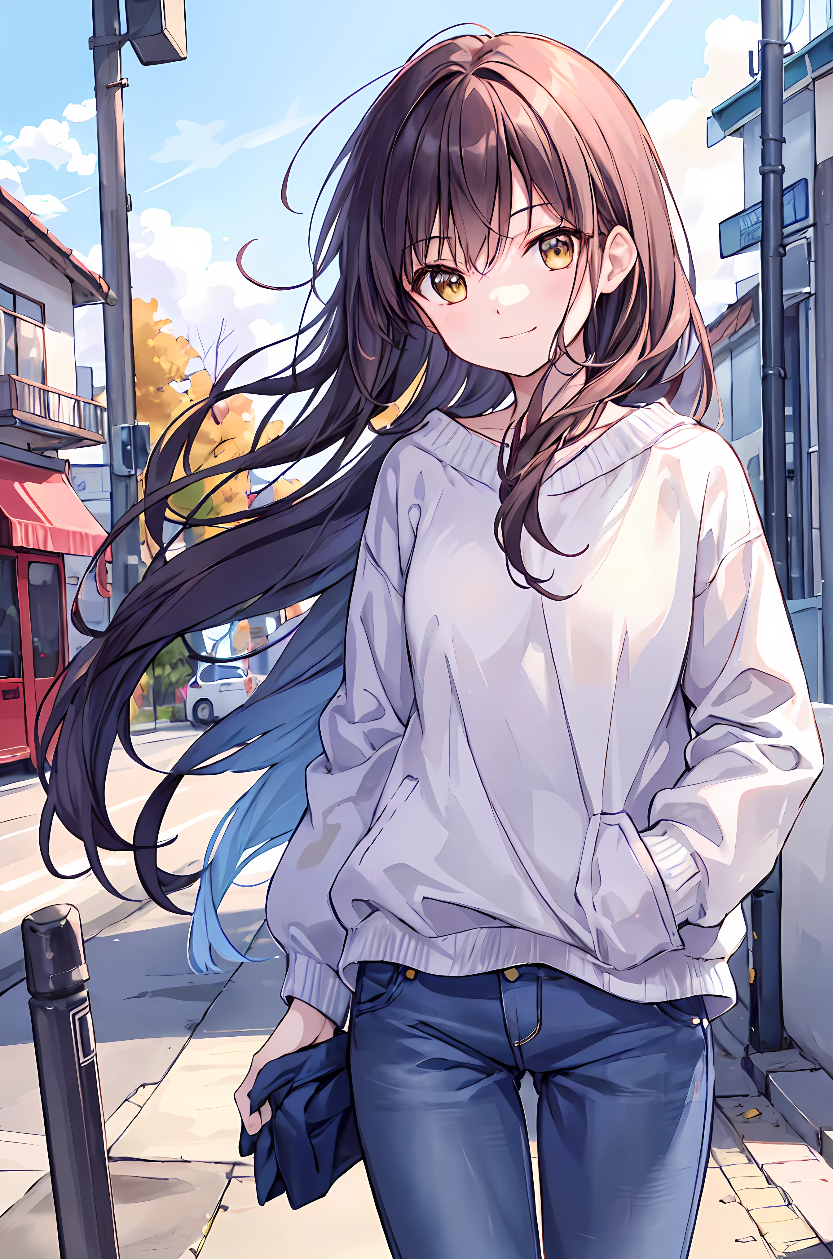1girl, long brown hair, brown eyes, wearing plain white shirt, denim shorts, snow, city, absurdres, high res, ultrasharp, 8K, masterpiece, looking at viewer