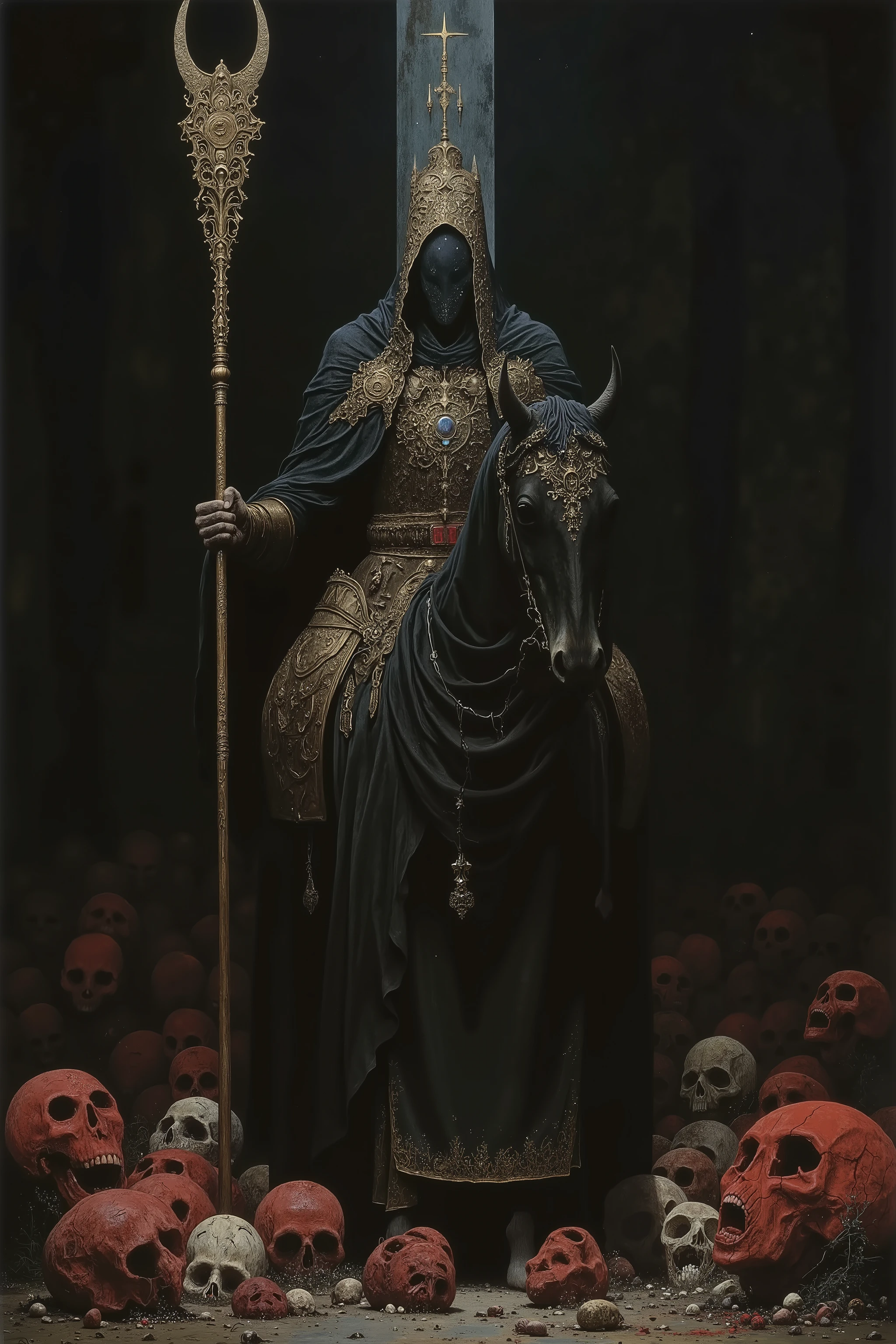 hefty formidable Huge body,inquisitor,witch hanter,An intimidating on horseback,Wearing fullbody black robe,Face is covered with black cloth and priest diadem,rising a big Guillotine axe,Dignity,Big Horned black Horse in black cloth,rampage,Wild Horse,many bloody heads in ground,giant cloak resembling the starry night sky,Destroy everything,Object of Awe,Immortal,Madness,insane,evil,depraved,blasphemy,dark mood,Like the Witch-King of Angmar,BEAUTIFUL AND UGLY, in dark forest,bloody moon,Light and Dark Effects,Dramatic Lighting,cinematic,Dynamic Angles, ultra-Realistic , as Realistic as possible , cinematic quality , Top quality , masterpiece , high sensitivity , high resolution , detailed depiction , 16 kg , 8k , hyper Realistic photo , Beautiful Details , high definition , high detail , Realistic , high detail h.R Giger Style, Amano Yoshitaka Kaze ,dark theme