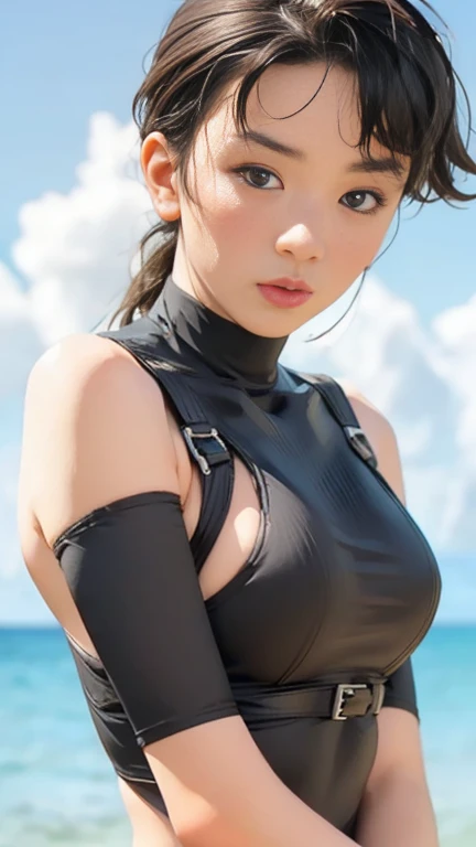 Ana de Armas de Naruto usando el disfraz de DVA de Overwatch,Obra maestra, La mejor calidad, en la playa.