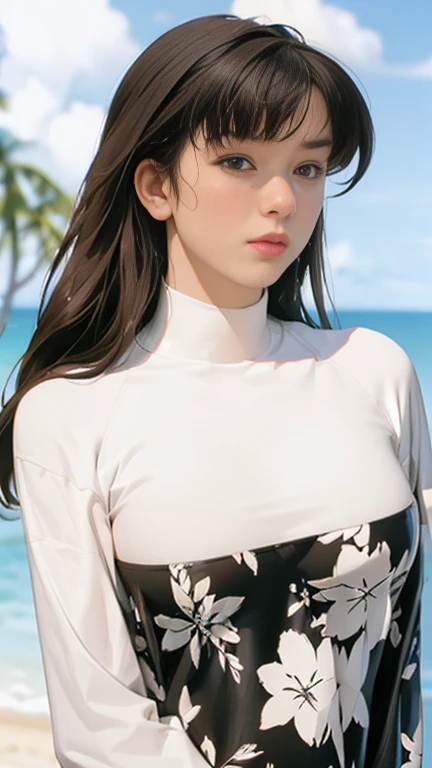 ((((Highest quality))))、(((Ultra-precision CG16K wallpaper)))、(((masterpiece)))、(((Super detailed)))、(((Extreme detail)))、((１Mature 29 year old woman:1.6))、((Very beautiful Japan face of a person))、((Urizane Face:1.6))、((Medium Straight Hair、blunt bangs:1.8))、(Shiny brown hair)、A delicately drawn beautiful face、Dark Eyes、High nose、Small nostrils、Small Mouth、Seductive lips、Beautiful breasts、((C cup size breasts))、Beautiful feet、eight-headed body、Perfect proportions、Perfect Anatomy、Perfect composition、Beautiful detailed shading、Beautiful, natural lighting、Beautiful detail glow、Depth of written boundary、(((High chroma)))、(((Real:1.9)))、((vivid:1.5))、((Beautiful Skin))、((Skin Texture))、((Realな皮膚感))、(((Cowboy Shot:1.6)))、((front view、shoot from front、front low angle:1.6))、(((smile:1.7)))、((The woman is looking at this、looking at viewer:1.6))、Bright daylight、Natural light、(((background_lake、Mountain、cloud:1.5)))、(Gravure idol standing pose:1.6)、(((Off-white high-neck sleeveless summer knit leotard:1.6)))、((hair band、Wearing earrings:1.5))、((Knee socks clothing:1.3))、
