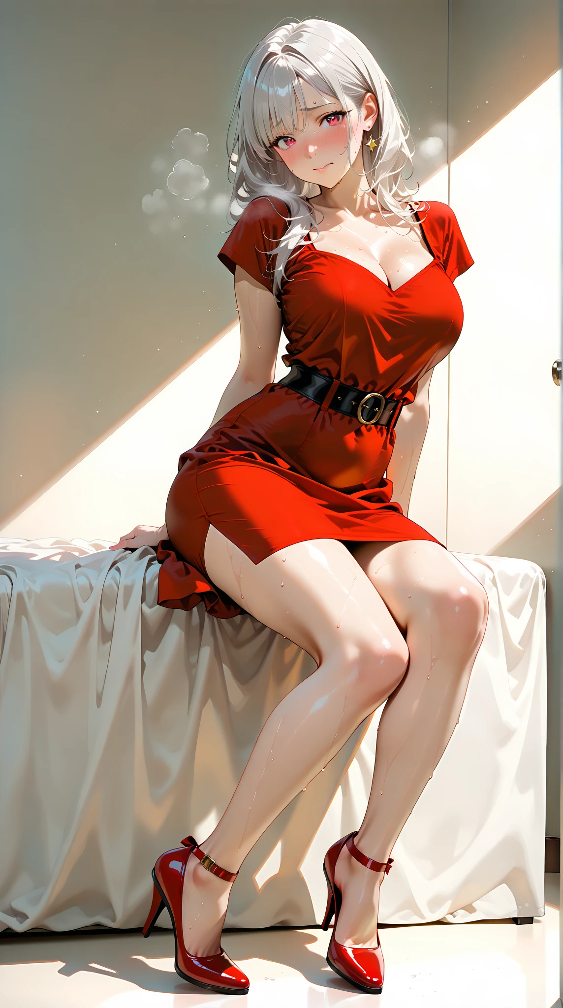 Pure girl in women's clothing, wet clothes, (super exaggerated size breasts), (dangling breasts) very good figure, perfect appearance, delicate face, long blonde hair, turquoise eyes, (toned muscularity), (back), realistic, super high resolution, rich detail, rich in detail, thick muscle contours, (especially huge breasts), (long legs), (tight red dress), (white tight miniskirt), (sitting on the sofa)