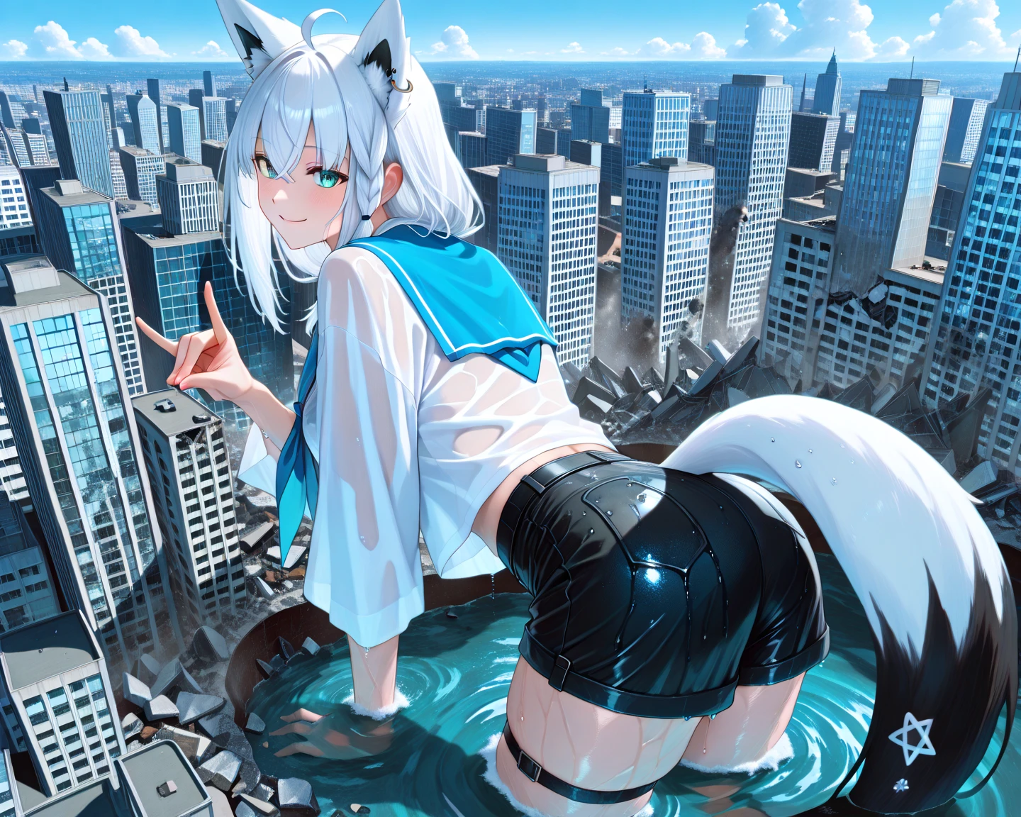 giantess, 1 rapariga, push ups, ((put your hands on the ground), On all fours, Exercising, character standing on a mountain top next to a city, Super huge high school girl bigger than a city, Trying to crush a miniature metropolis, ((destroyed city)), Wearing white sportswear that shows, Wear black yoga pants underneath, navel, Long legs, Tightens abs, No chest leakage, crash city, tiny city, micro city, skinny pants, gym room, big assa, city, Sweat, Falling sweat, giga giantess, huge craters, ravines, cracks in the ground, earthquak, blue sky, City, Background on the street, (((The Girl Who Crushes the City))), White Hair, Sweat, first-person view, first-person view, anime, best quality, masterpiece, highres,platinum_arknights
