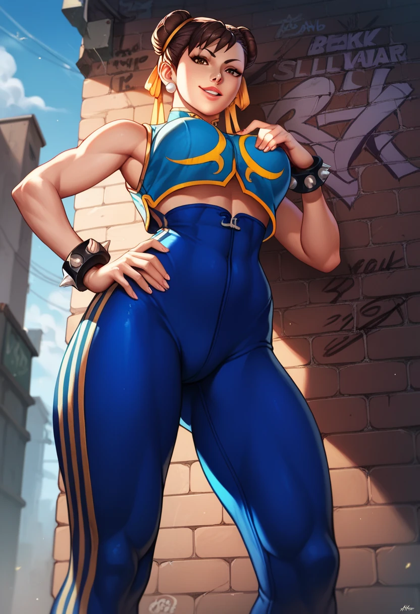 small chested girl with a good bit of muscle, a faint six pack, wide hips, thick thighs blonde, green eyes, white blank background,gym wear leggings,chun li hairstyle, thick, plus size,