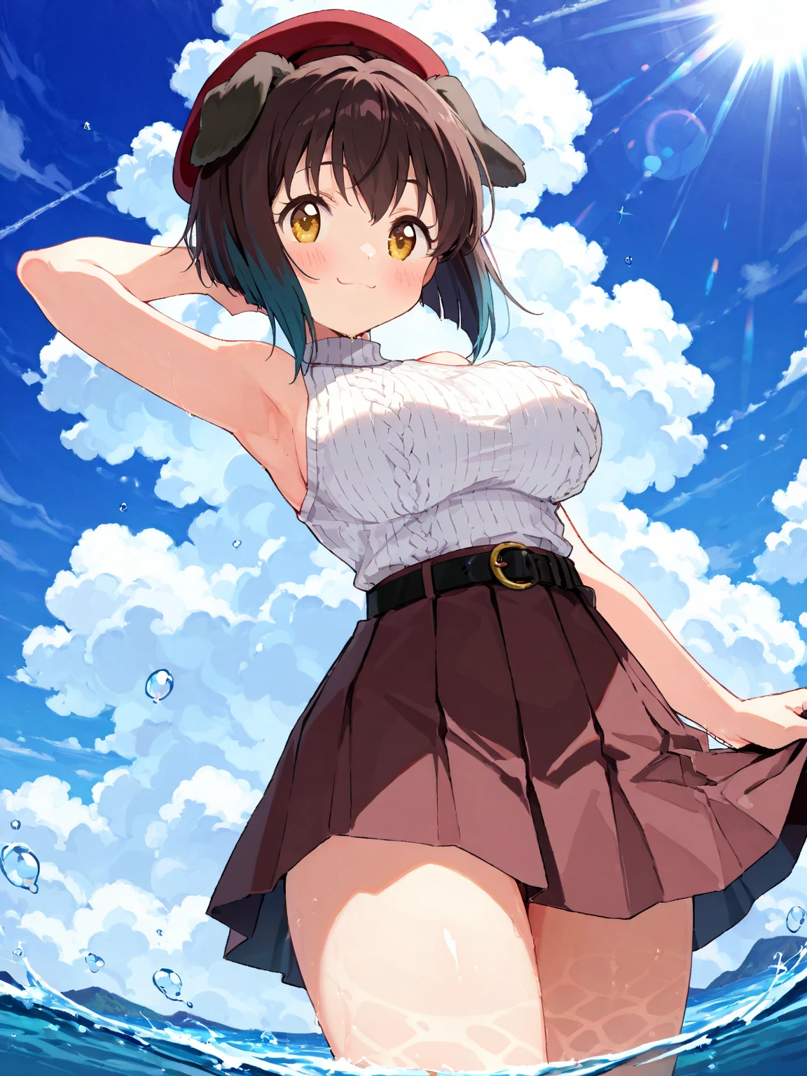 masutepiece, Best quality,illustration, the wallpaper, Ultra detail, absurderes, 1girl in, Solo, (Medium short hair、short braided hair), Beautiful detailed eyes , luminous sky、Hair that flutters in the wind,Curvaceous、(in a panoramic view:1.3),(a sense of depth:1.5),(shot from afar:1.5)