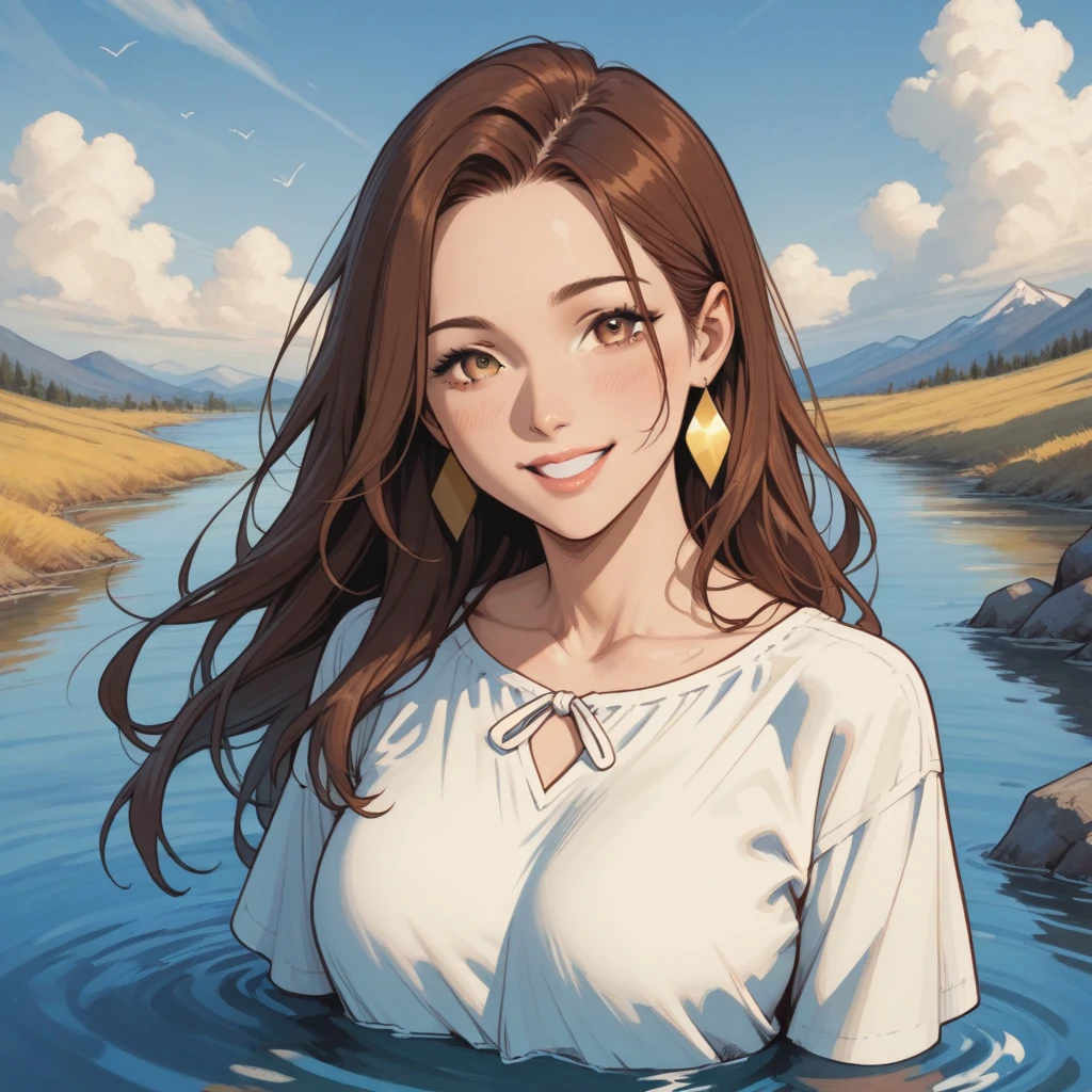 attractive korean woman, ripped muscle, muscular body, small breast, pale skin, smile(blush), chemise, thin necklace, sixpack abs, [ultra detailed skin:1.2], brown hair, wavy hair, 8k uhd, full body, crowd, public, forest, waterfall, standing,