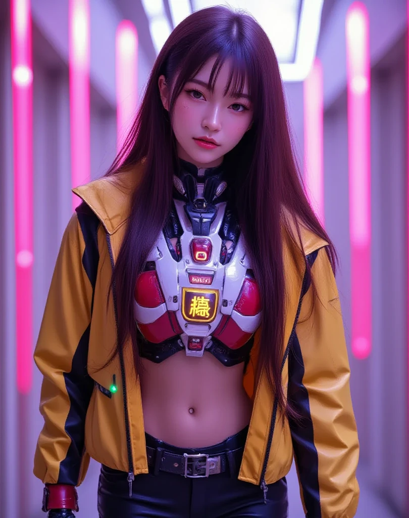 Asian woman, cyberpunk style dreadlocks, open yellow jacket, big bare breasts, sexy nipples, red tight pants, sticking out naughty tongue, winking, cyberpunk style, hiperrealistic, Cybernetic implants, mechanical arms 