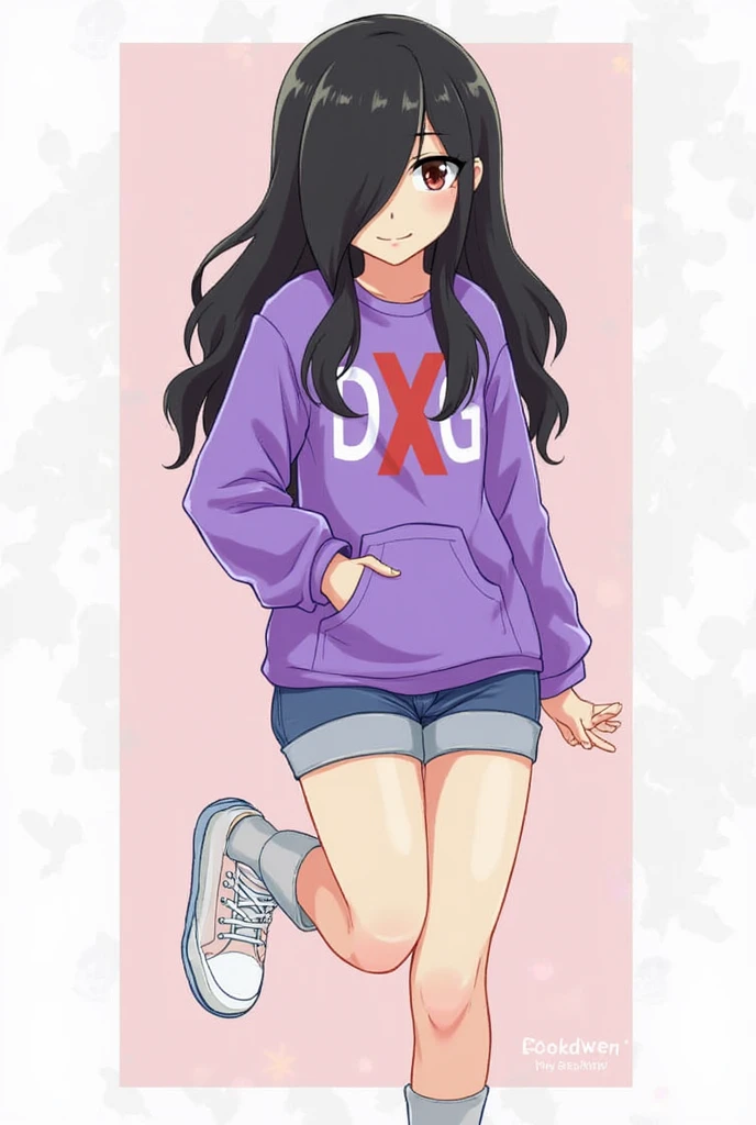 the highest image quality, 1980s style anime, 21 year old girl, black hair, long hair, light brown eyes, skin pale as snow,  with a loose sweatshirt, White background, magazine cover, whole body , sitting in a chair , posing 