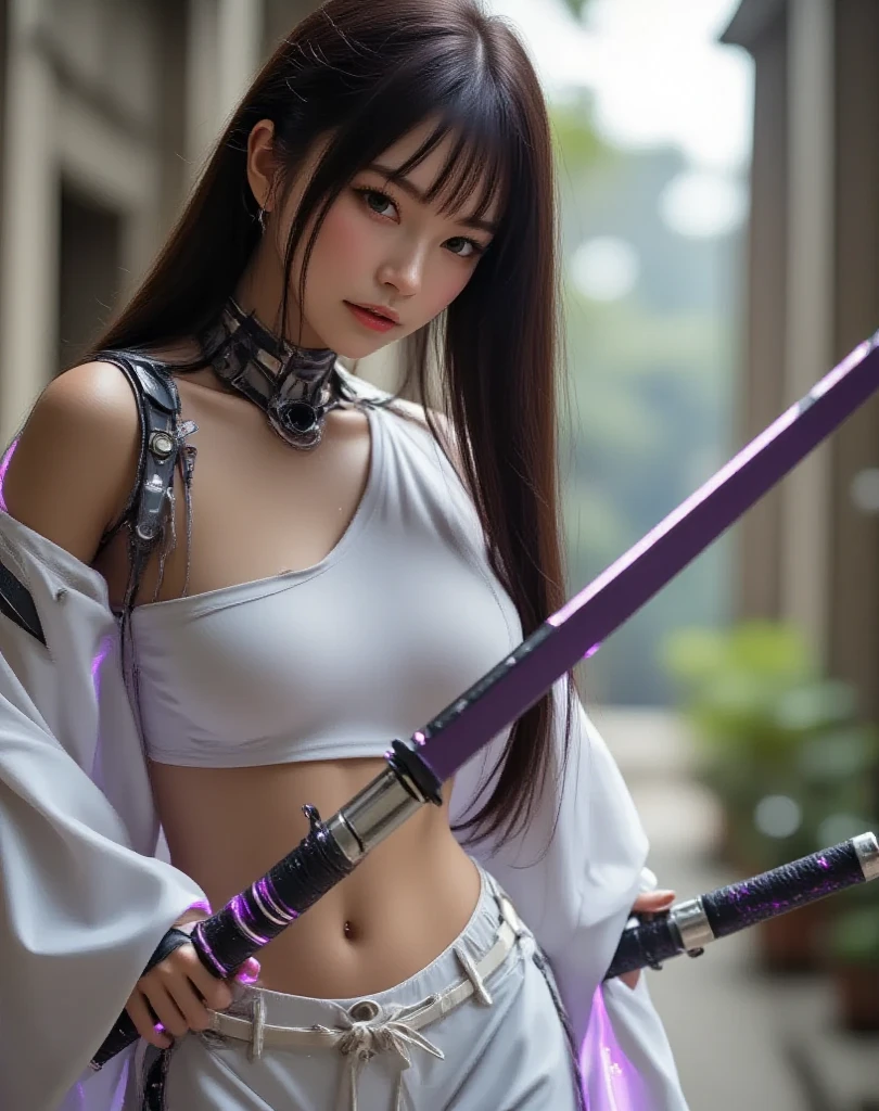 araffe star wars sexy woman with lightsabed sword in a bikini, amouranth, skywalker, better known as amouranth, female jedi, with lightsaber sword, amouranth as a super villain, holding lightsaber 4 k, with light-saber, star wars character, holding a lightsabre. splash art, rey, korean girl, beautiful young korean woman, korean woman, heonhwa choe , big breast, show breast, light white hair