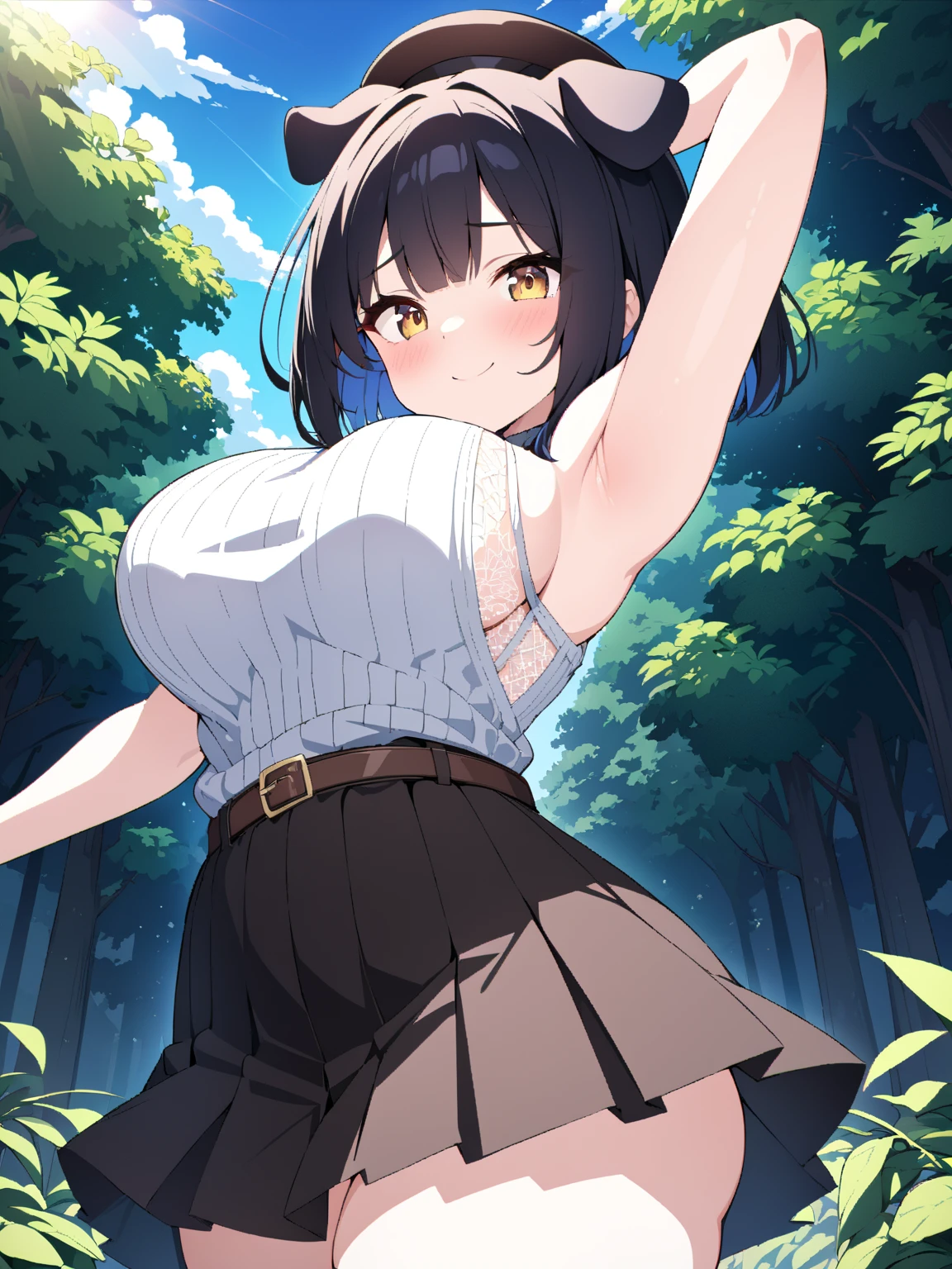 ((1 loli with sexy school clothes, mini skirt)),((silent breasts)),((happy face, in a forest)),((walking, wet pussy, erect nipples)),((hair very large pubic hair)),((big black hair with a short ponytail, with very large bangs covering the face, eyes closed)),((facing the viewer, in a forest)),