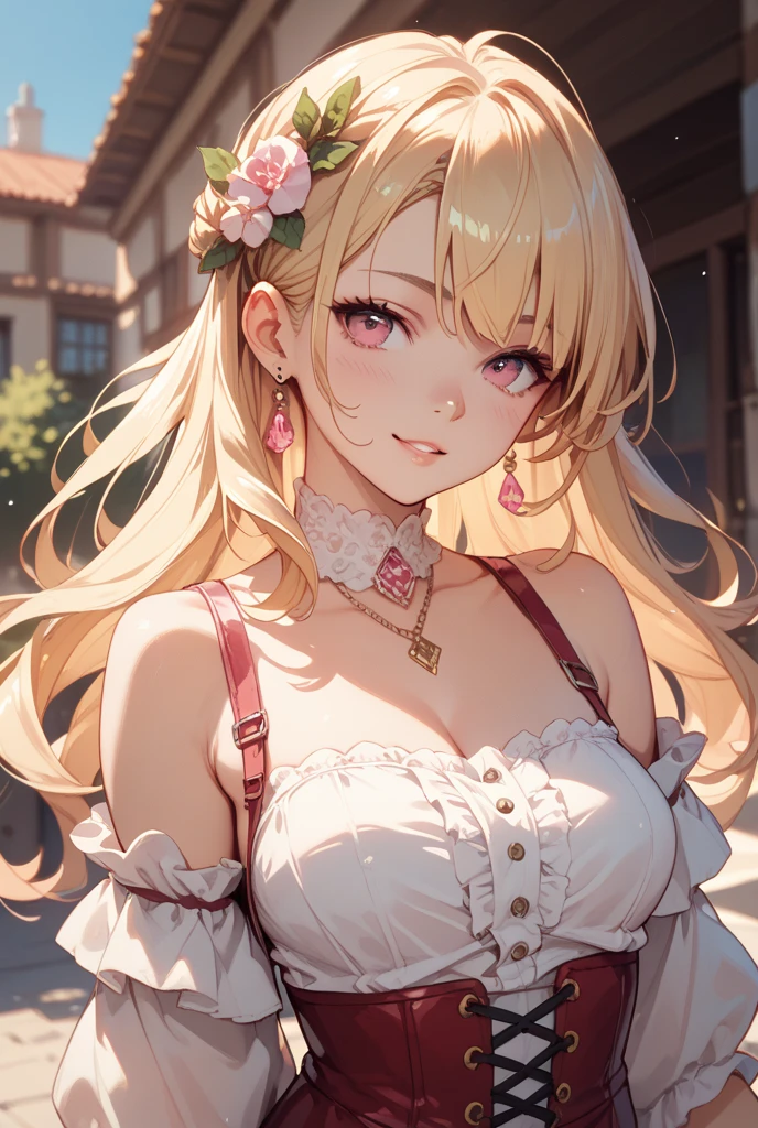 girl,cute,(thin blonde hair:1.2),(long hair with curls:1.2),(Drill Curl:1.25),(With bangs),(Eye size:1.5),(Lace dress:1.3),(White corset:1.3),(blush:1.2),(small breasts:1.8),(Smile slightly:1.1),(close up of face:1.25),(Background of blooming flowers:1.25),(white, pink, light blue, and yellow-green),