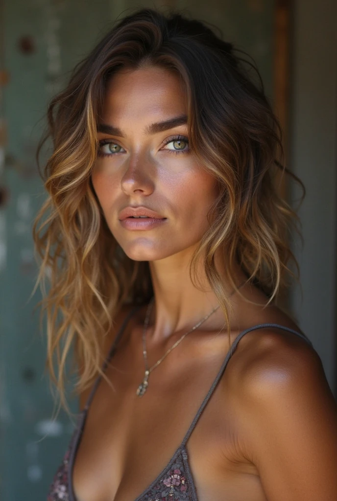Brazilian woman, blonde, beautiful wavy hair, White, piercing no nariz, tanned face, thick-thighs, Waist slender, medium breasts, hoop earings, age of twenty-five, greeneyes, front and close up photo, black low-cut blouse