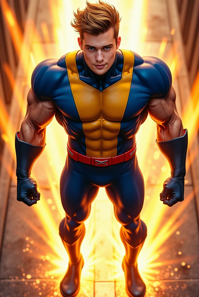 a giant X logo on costume,blue and yellow color scheme,highly detailed,realistic,cinematic lighting,epic dramatic posea male hero wearing red visor, muscular build, blue and yellow costume spandex, in heroic pose, highly detailed face and body, cinematic lighting, dramatic action scene, epic sci-fi landscape, digital art, concept art style, vibrant colors, (best quality,4k,8k,highres,masterpiece:1.2),ultra-detailed,(realistic,photorealistic,photo-realistic:1.37)flawless rendering,8k,award winning digital art