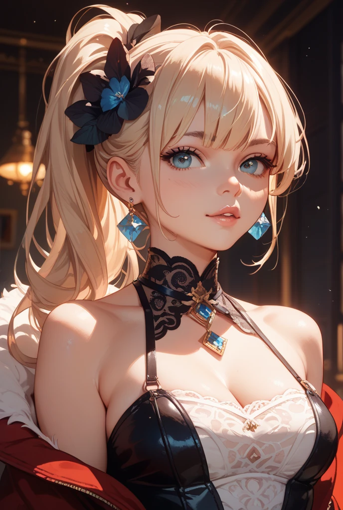 best quality, 1girl, masterpiece, best quality, 8k, detailed skin texture, ((beautiful detailed face)), intricate details, long blond hair, parted bangs twintails, (Half body:1.2), detailed blue eyes, shy, 18 years old, cute necklace, earrings, bare shoulders, cleavage