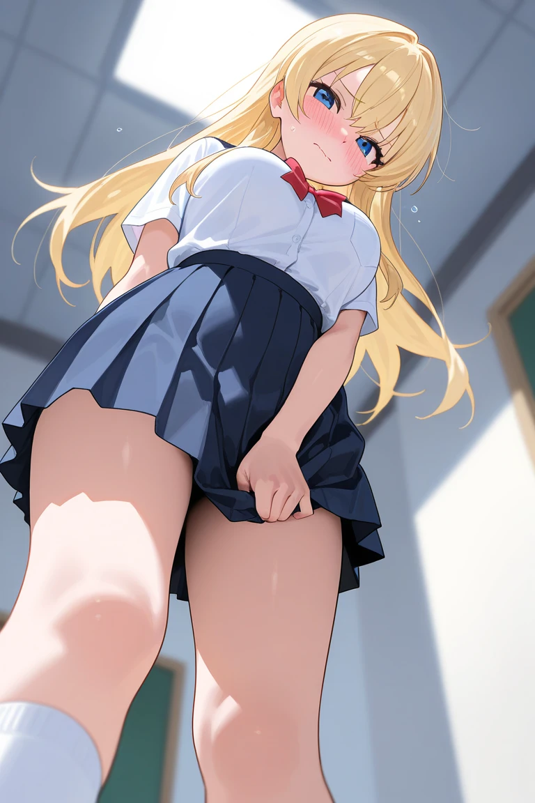 cowboy shot,thin legs,standing,extremely young girl,extremely emaciated girl,front shot,flat chest,twin tails,blonde,white panty,low-leg,crotch is stained,sanitary napkin under panty,navy long length sailor uniform,upskirt,panty shot,from below