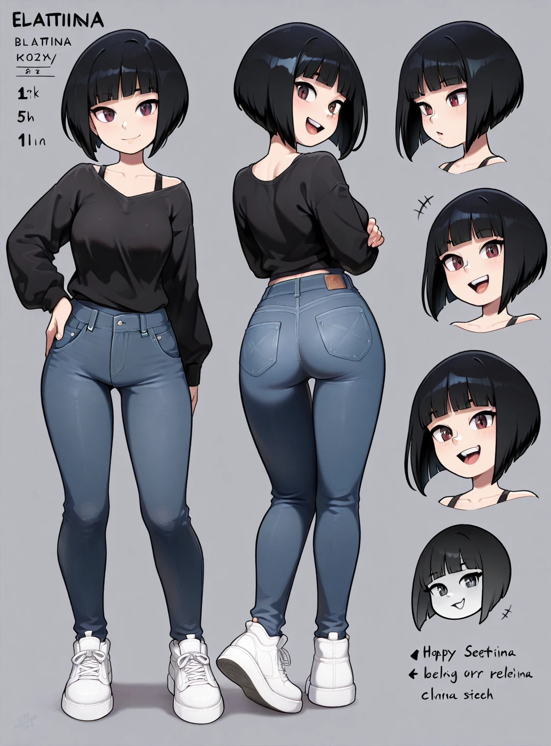 Top quality face，((Top Quality, 8k, Masterpiece: 1.3)),girl sexy, (long black hair and blue eyes), ( 16 years old), (very small round breasts),Ultra detailed face, detailed eyes, double eyelids, (body builder:0.8),(shiny skin:1.2),(naked:1.2),, character turnaround, Front view, Side view, Back view class, ((character design sheet)),(full-body view)