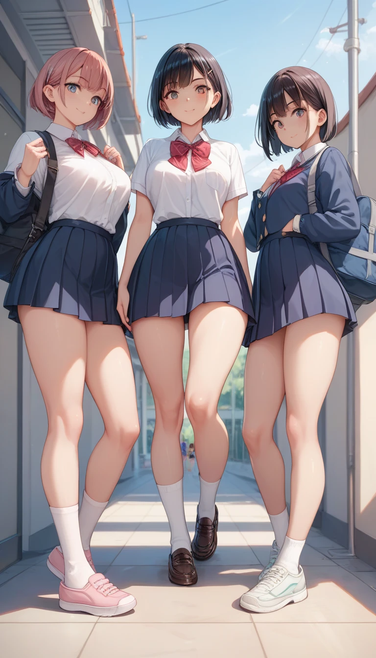 View from below, from behind,​ low angles:1.4, station, (train station stairs), 4girls, multiple girls, (back of head:1.4), (school uniform), (dark blue blazers), ((pleated skirts:1.2)), (high socks), (loafers), ((Perfect erotic panties)), ((Showing panties)), beautiful thigh, Large crowds, Walking, masterpiece, best quality, highly detailed, End of summer, after school, White T-back, ass