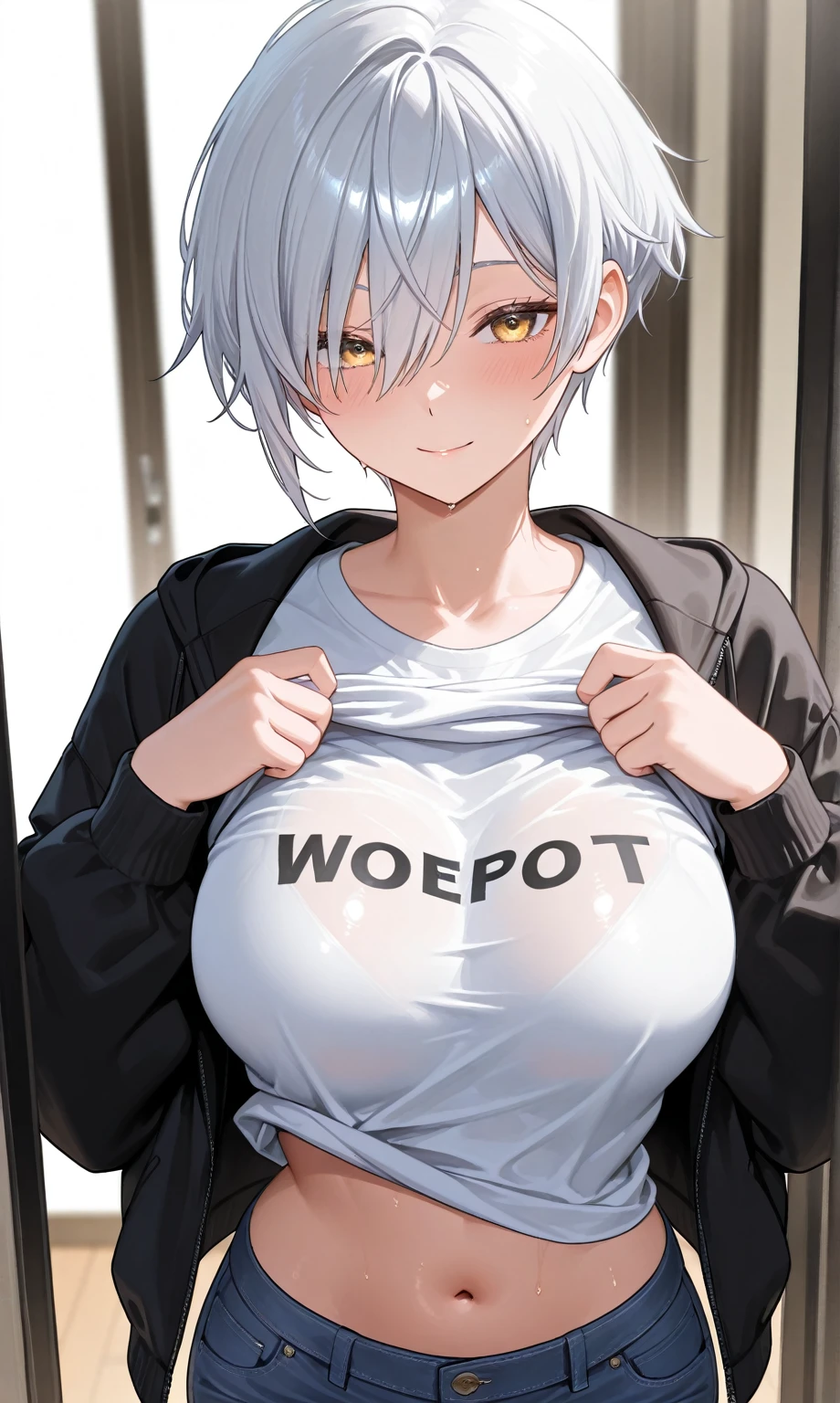 masterpiece、highest quality、be familiar with、1 female、18-year-old、Transparent blue eyes、blonde、black skin、((embarrassed face、blush、Watery eye、full of embarrassment、oil skin、shiny wet skin)), short hair、Seductive thighs、big breasts、big breastsの谷間、Women lining up at the cashier counter、A female shopper puts a condom on the checkout counter、((肩が出ている、着崩れた特大サイズの無地の白いT-shirt)), ((steam,sweat)),