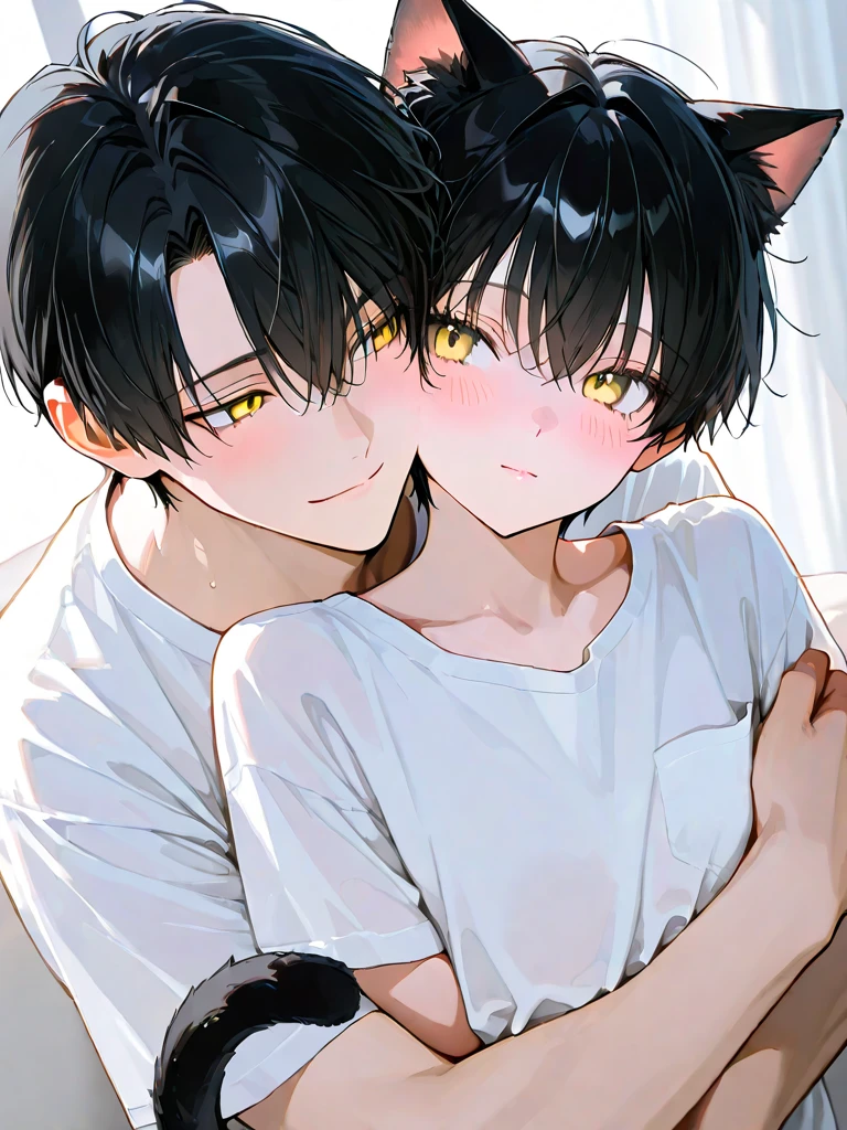 modern, anime style, chiaroscuro, UHD, masterpiece, anatomically correct, textured skin, high details, super detail, best quality, (extreamly delicate and beautiful:1.2), 8K, (tmasterpiece, best:1.0), One male that very short black hair, short black Quiff hair with Soft Fringe, bangs part on side 5:5 ratio, wearing a loose rock-style grey and blackShort sleeve, thin, (sports style), Looking to the right, displaying a sly smile, Korean illustration style, Wolf ears.