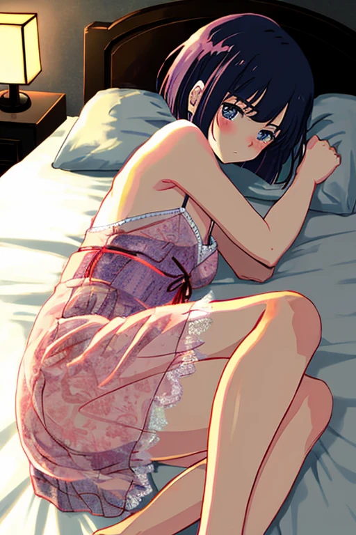 (Super real), (illustration), (High resolution), (8K), (Very detailed), (Best illustration), (Beautiful and delicate eyes), (best quality), (super detailed), (masterpiece), (wallpaper), (Detailed face), alone, (dynamic poses), a girl, In bed, white curly hair, Throw away clothes, Japanese, iris colored eyes, (((Very thin, short nightgown)), medium breasts, long legs, Best ride for legs, (No), (Without)  