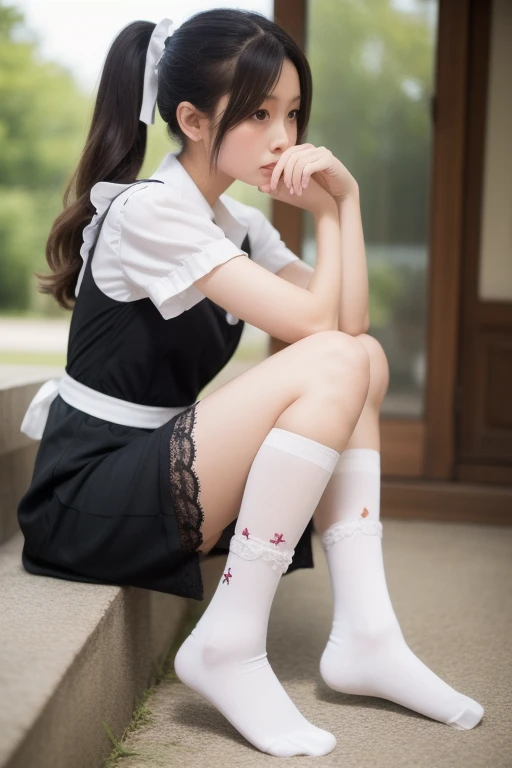 Asian woman in uniform sitting on bench, a sexy maid in a magical forest, White stockings, Anime girl cosplay, gorgeous maid, anime barbie in white stockings, Full length and white stockings, trending on cgstation, sakimichan, ulzzangs, trending at cgstation, wearing maid uniform, Maid outfit, small curvaceous loli